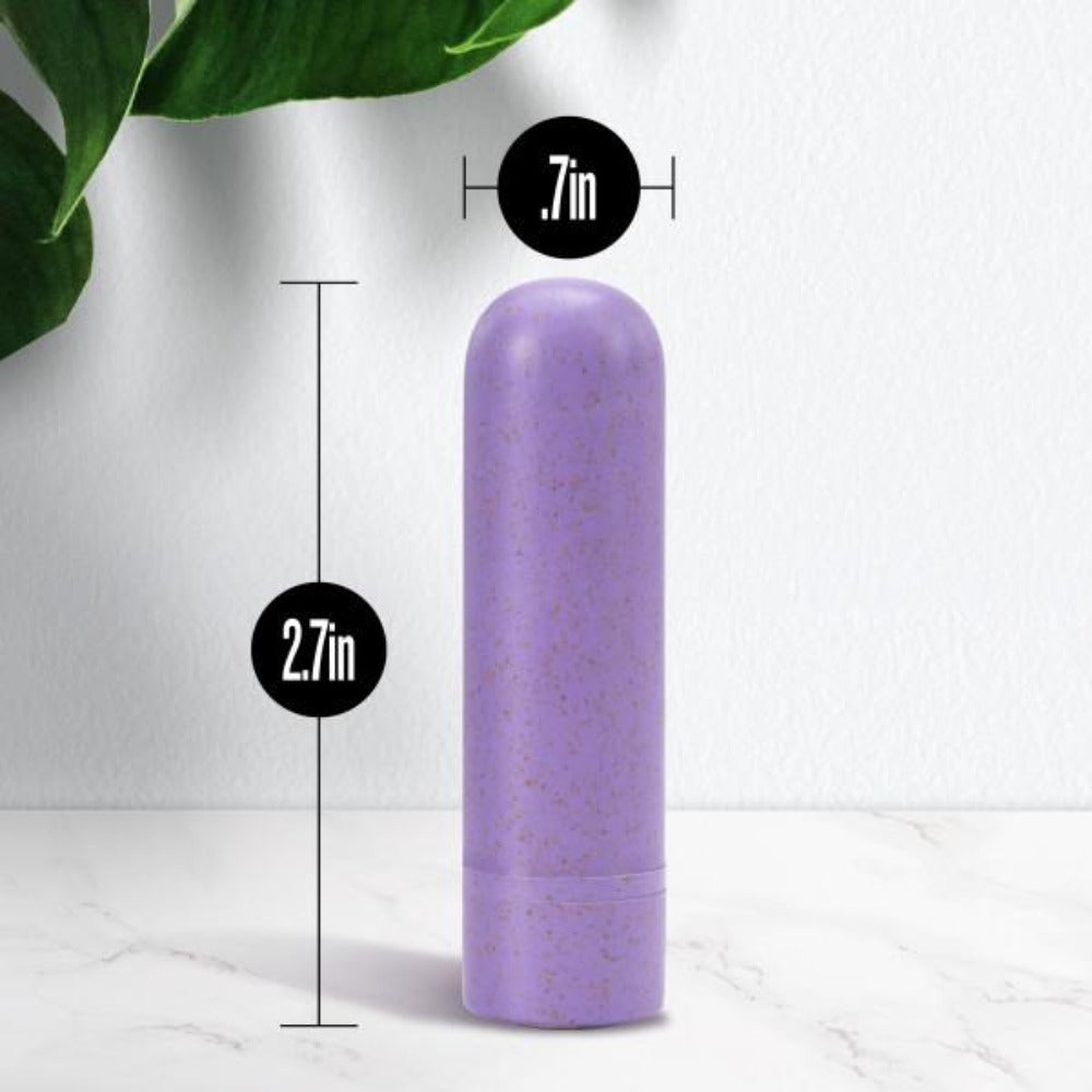 A lilac Gaia Eco Rechargeable Bullet vibrator measuring 2.7 inches long and 0.7 inches wide.