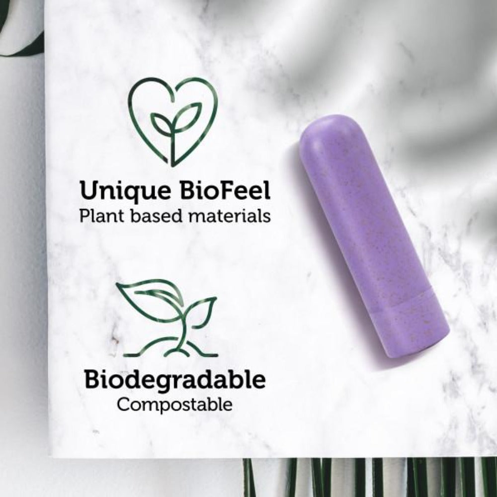 A lilac bullet vibrator made from plant-based materials.