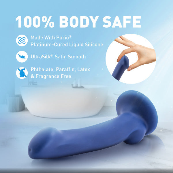 A blue silicone dildo with a curved shaft and a flared base.