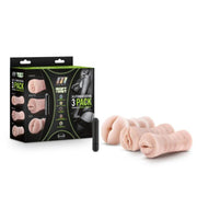 A box of three self-lubricating stroker sleeves and a vibrator.