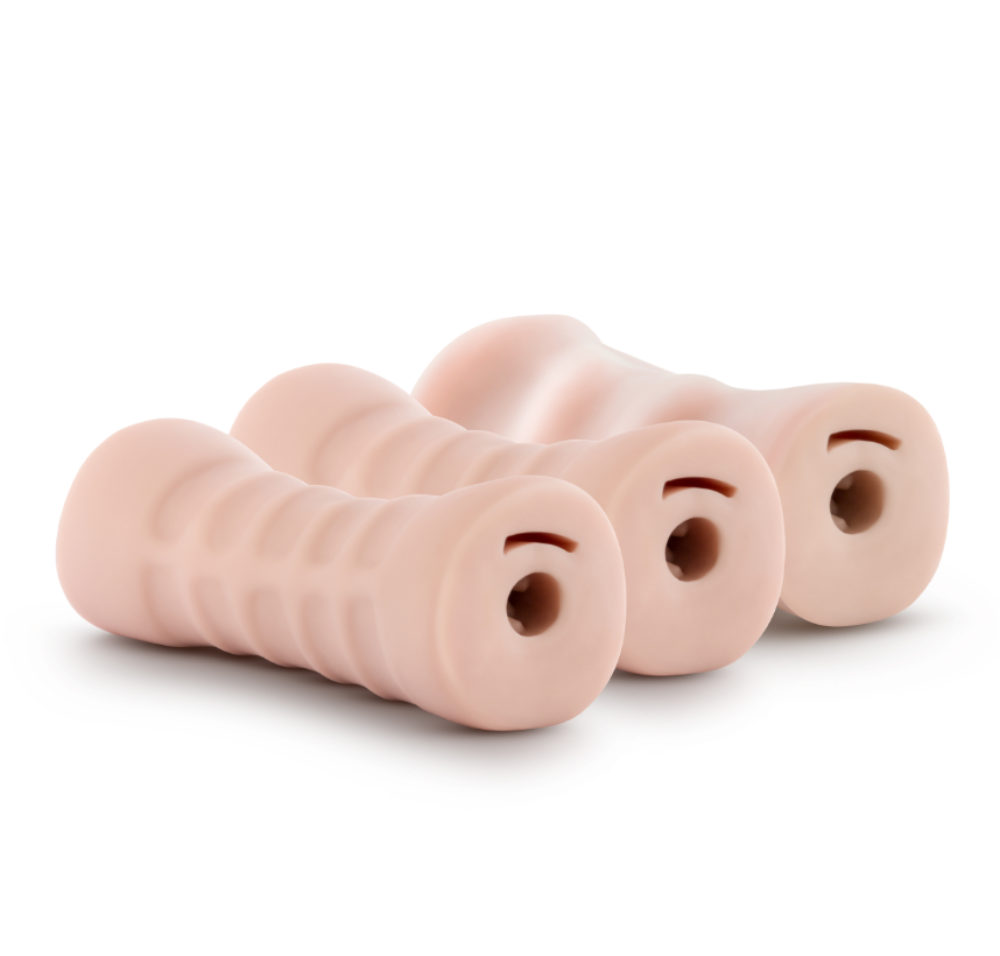 Three blush-colored vibrating stroker sleeves with textured exteriors.