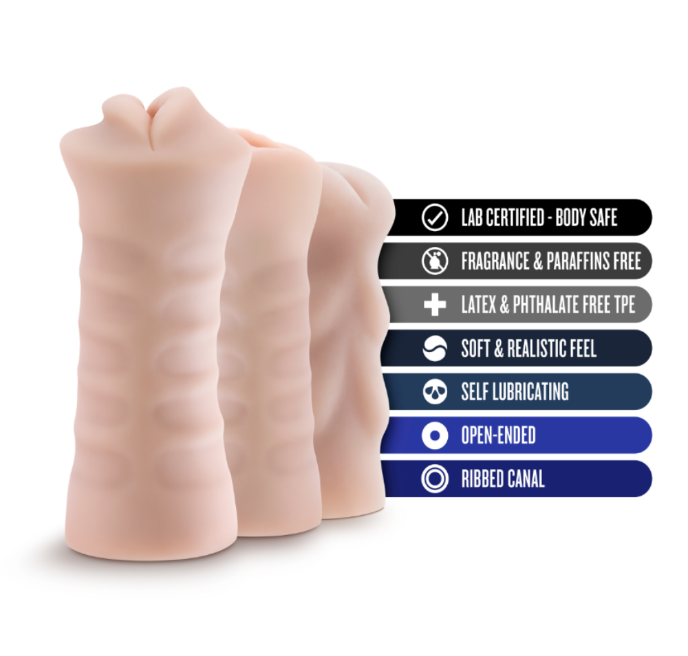 Three textured, self-lubricating stroker sleeves in blush with product features listed.
