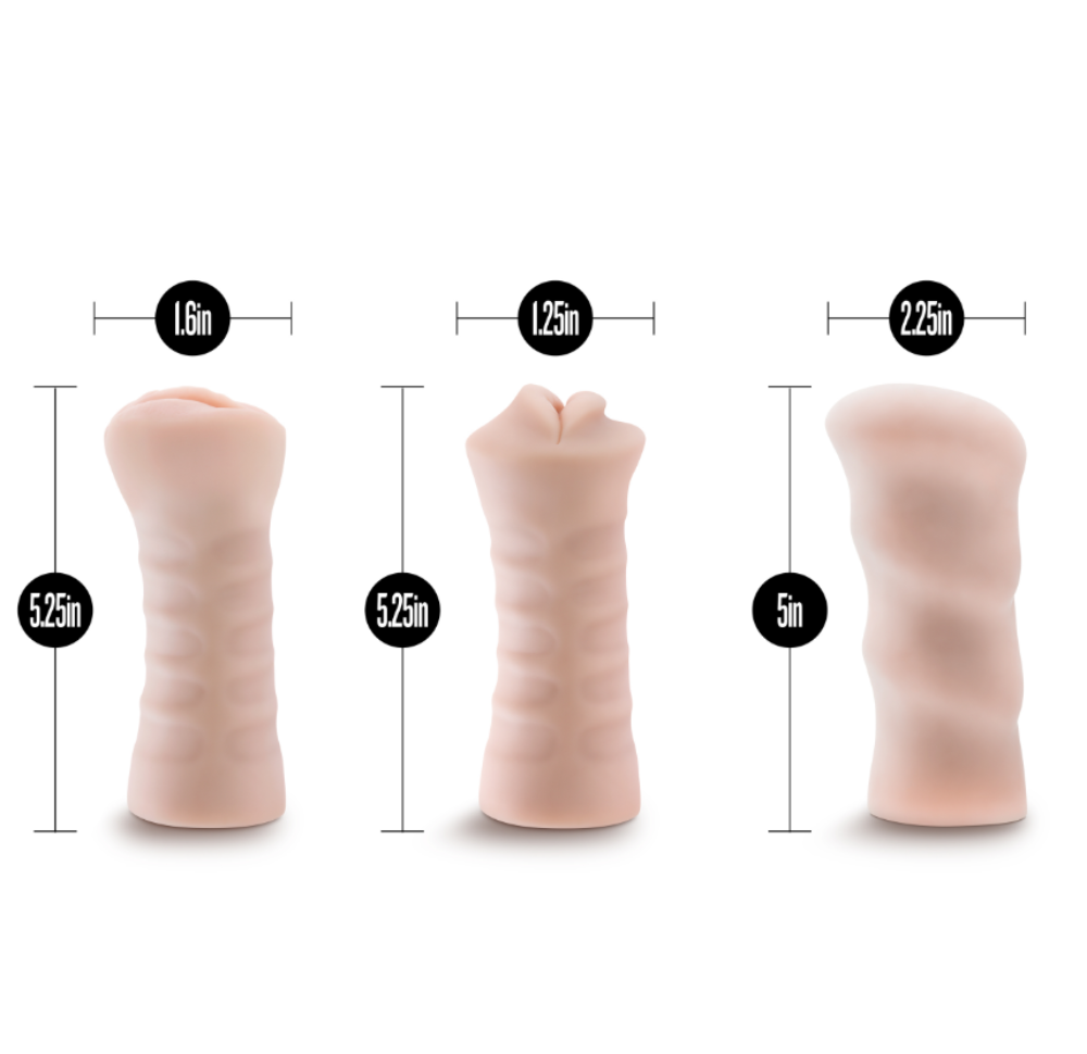 Three pink TPE stroker sleeves with varying textures and sizes, shown with measurement labels.
