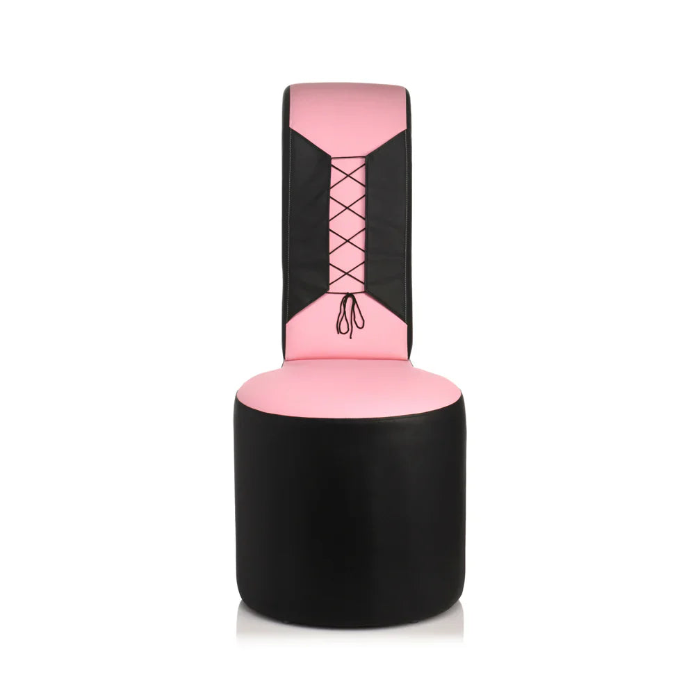 Pink and black vegan leather sex chair with a corset-style back.