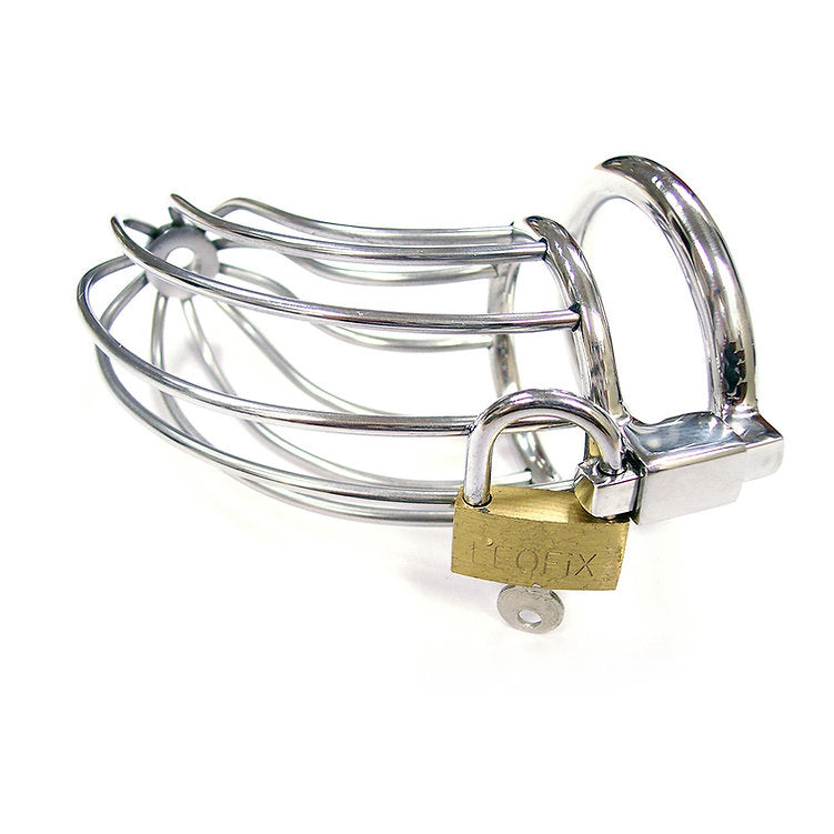 Stainless steel chastity cage with padlock and open design.