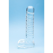 Clear glass G-spot dildo with a rounded tip and ribbed shaft.