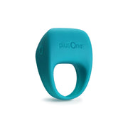 Teal silicone vibrating cock ring with "plusOne" logo.