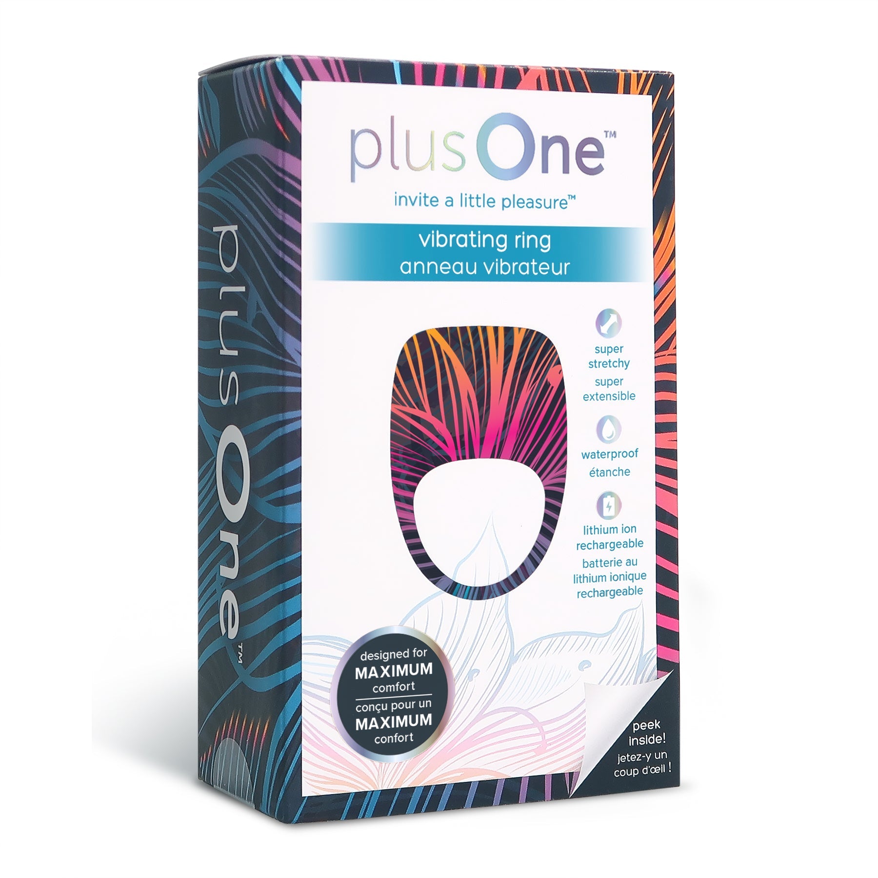plusOne vibrating ring on colorful packaging.