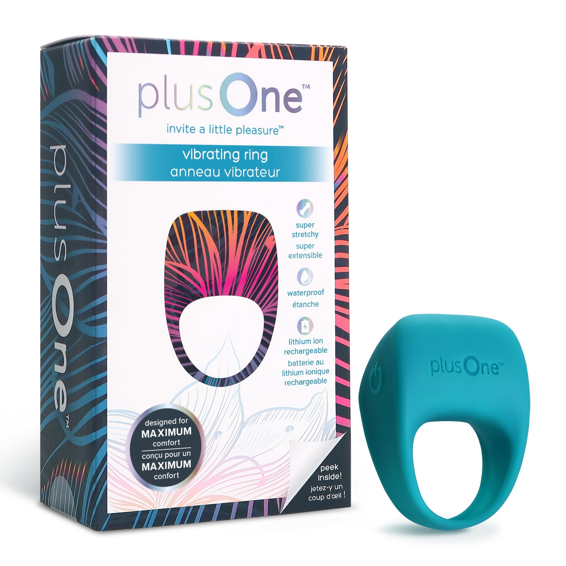A teal plusOne rechargeable vibrating cock ring with packaging.