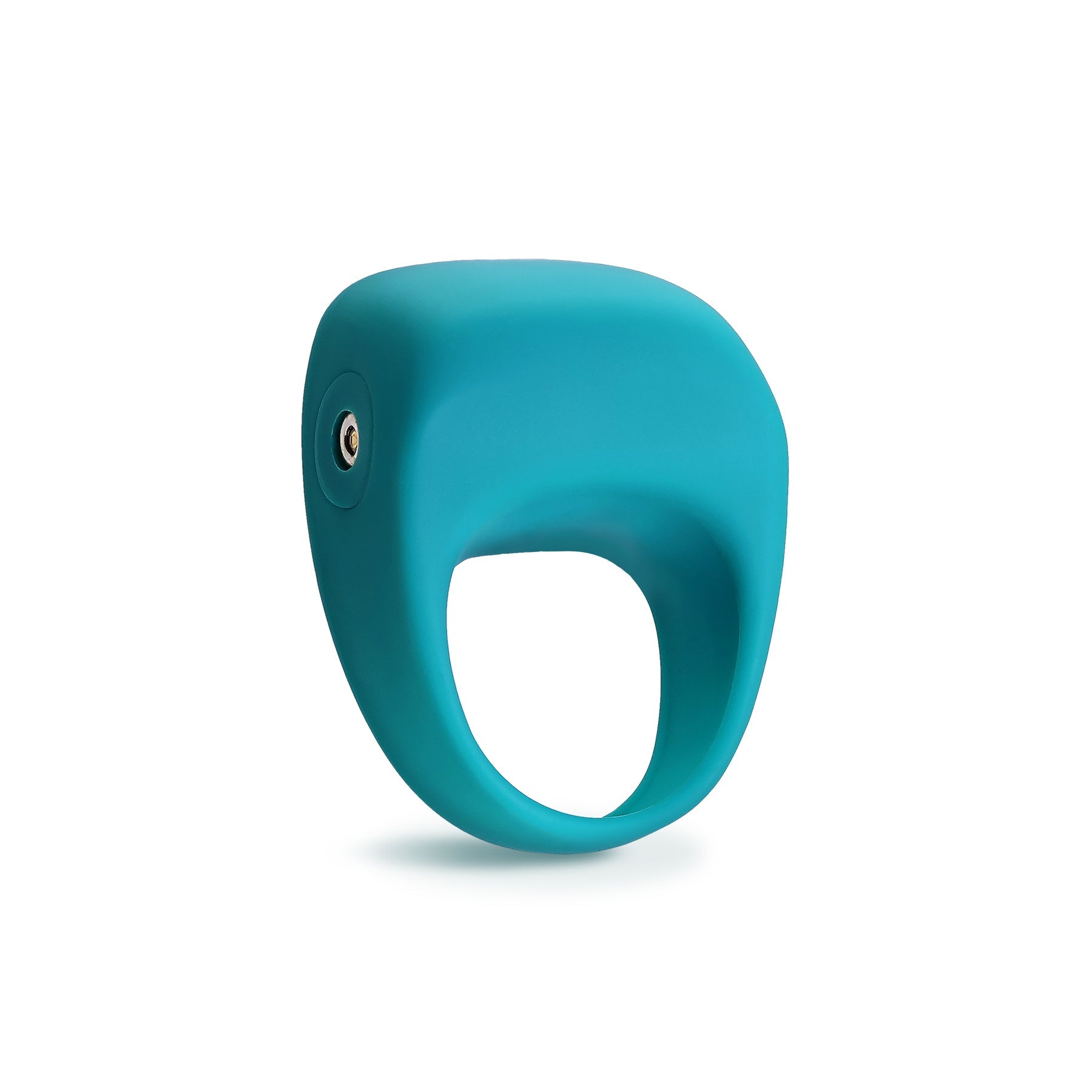 Teal rechargeable silicone vibrating cock ring with a metallic button.