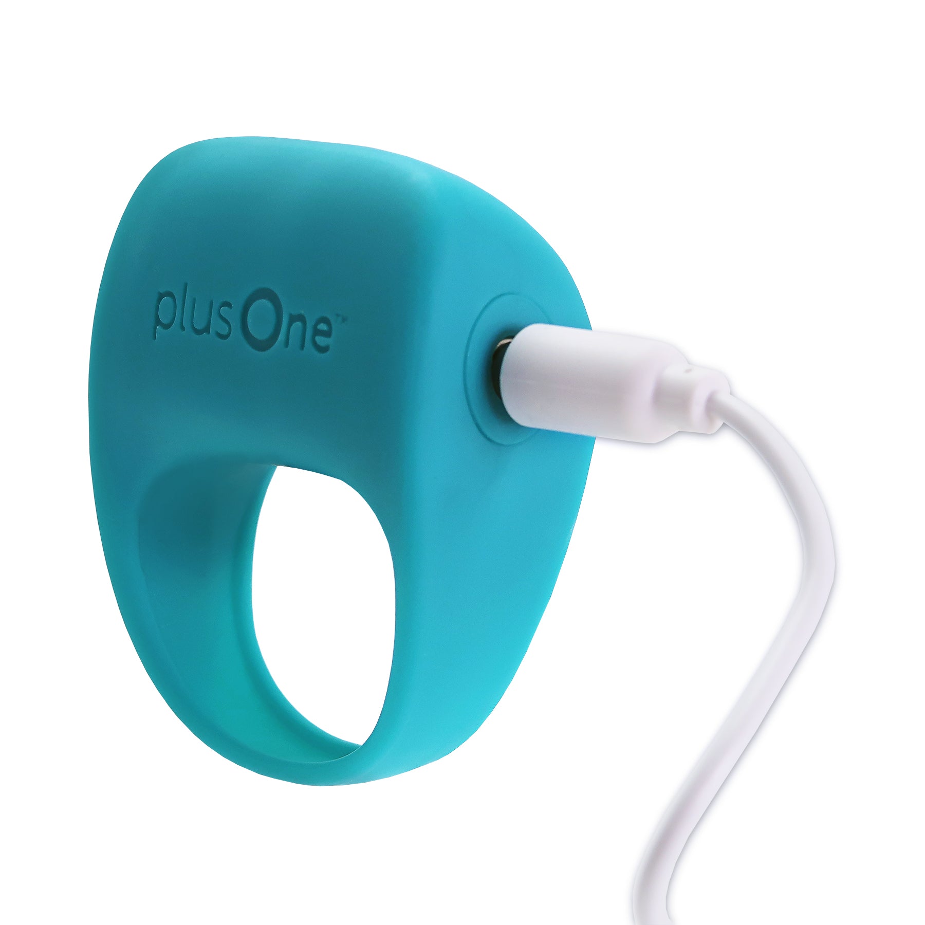 A teal silicone vibrating cock ring with a white charging cable.