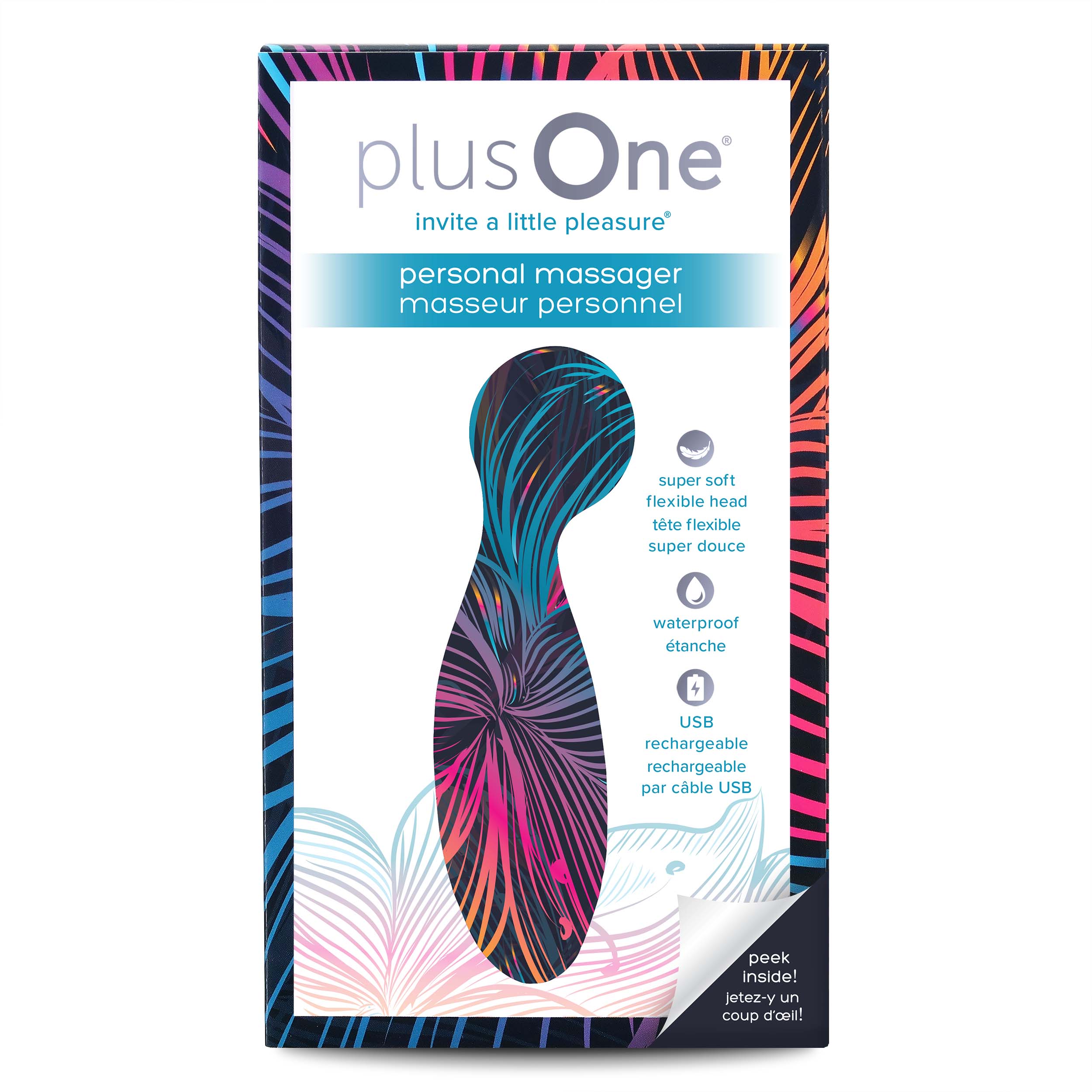 plusOne personal massager with a colorful abstract design, waterproof and USB rechargeable.