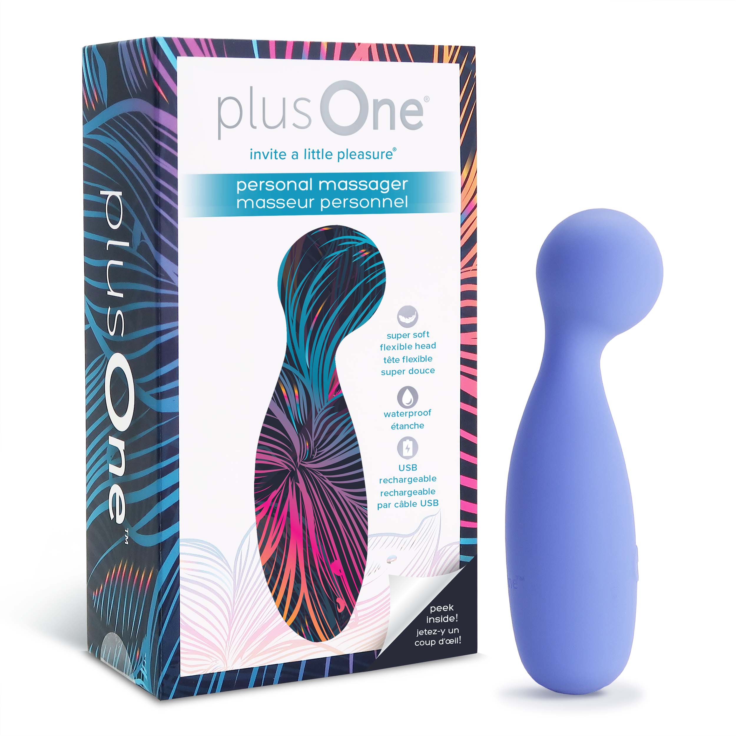 A purple silicone personal massager with a curved head, next to its box.