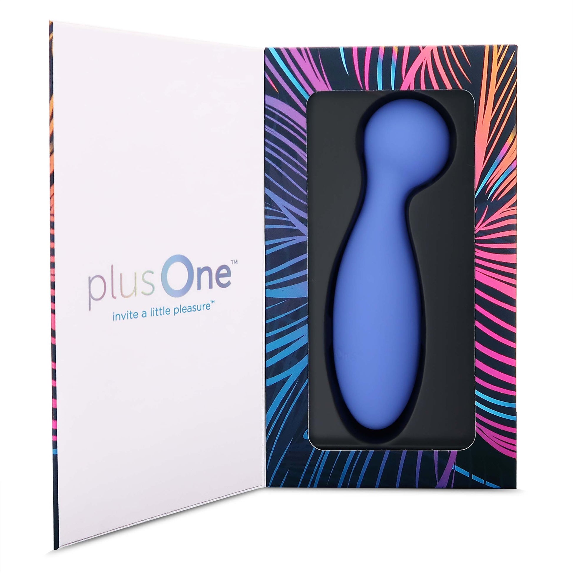 A blue vibrating personal massager in its open packaging with a colorful leaf design.