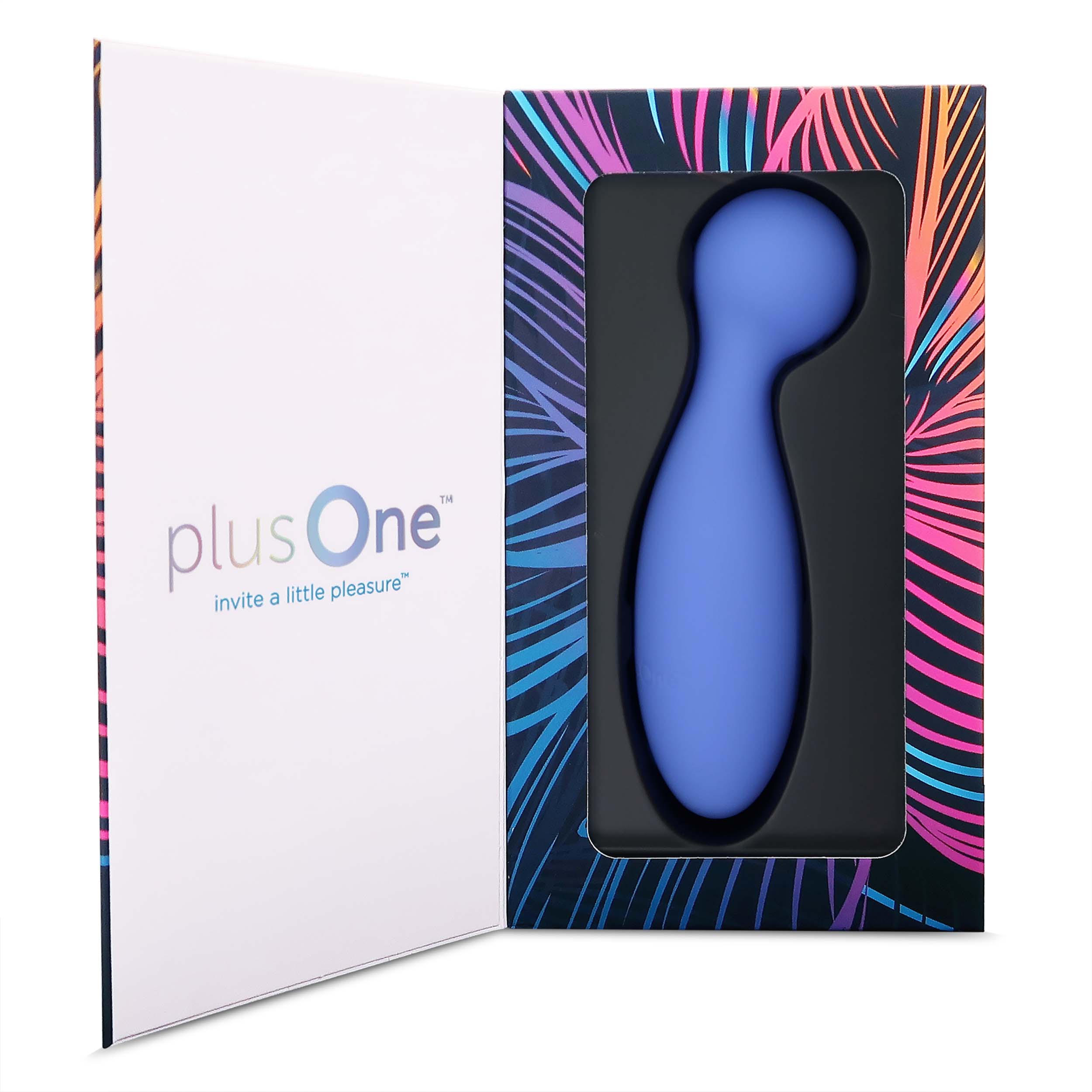 A blue vibrating personal massager in its open packaging with a colorful leaf design.
