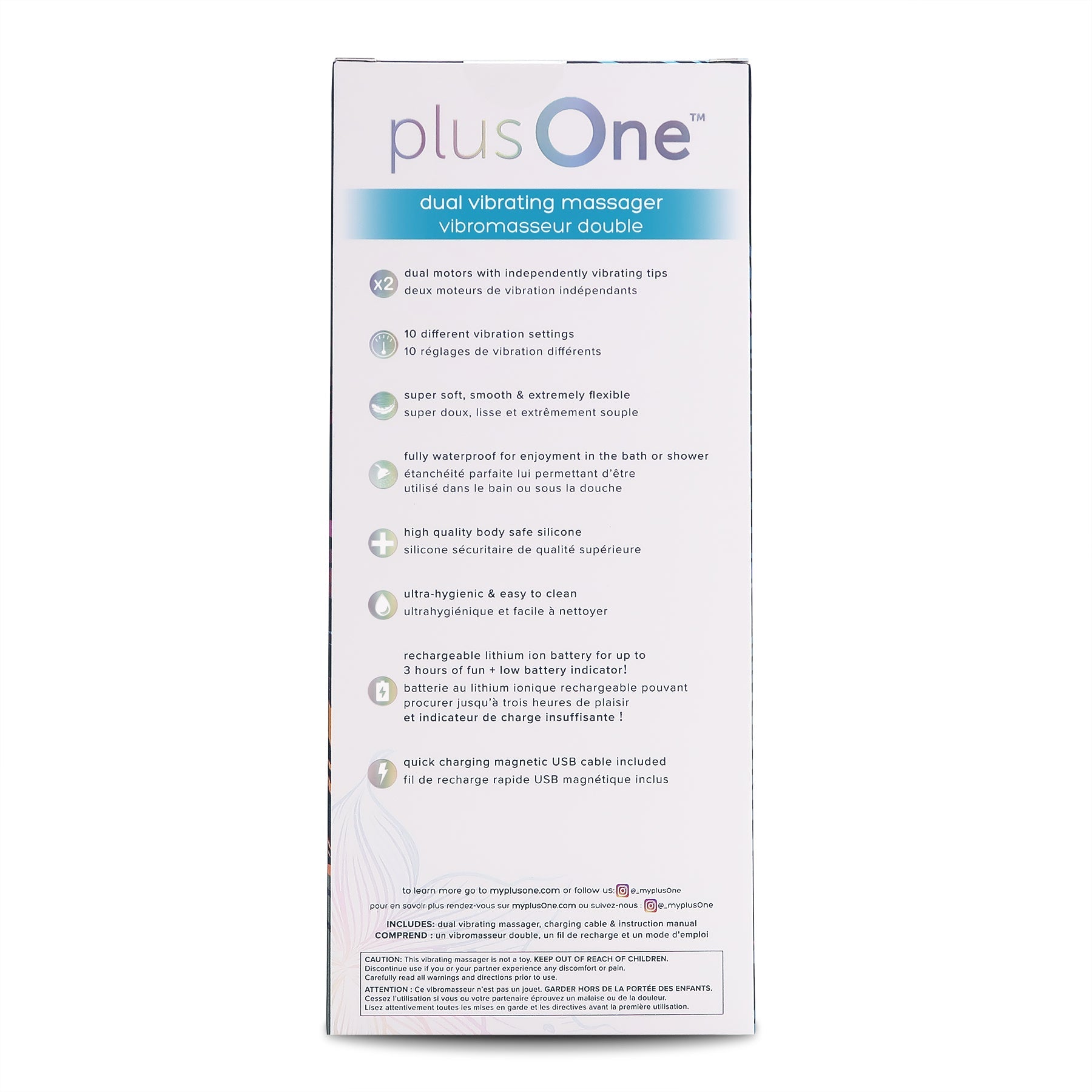 plusOne dual vibrating massager with dual motors, 10 settings, and waterproof design.