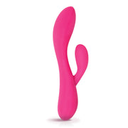 A pink dual motor rabbit vibrator with a curved shape.