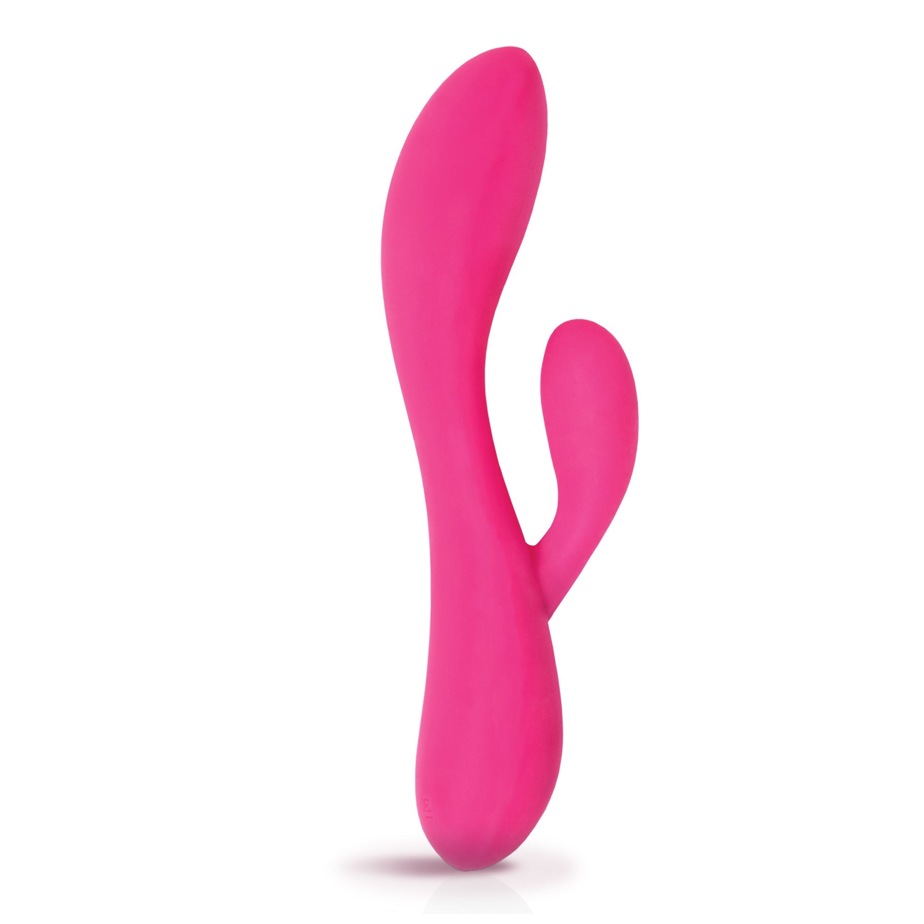 A pink dual motor rabbit vibrator with a curved shape.
