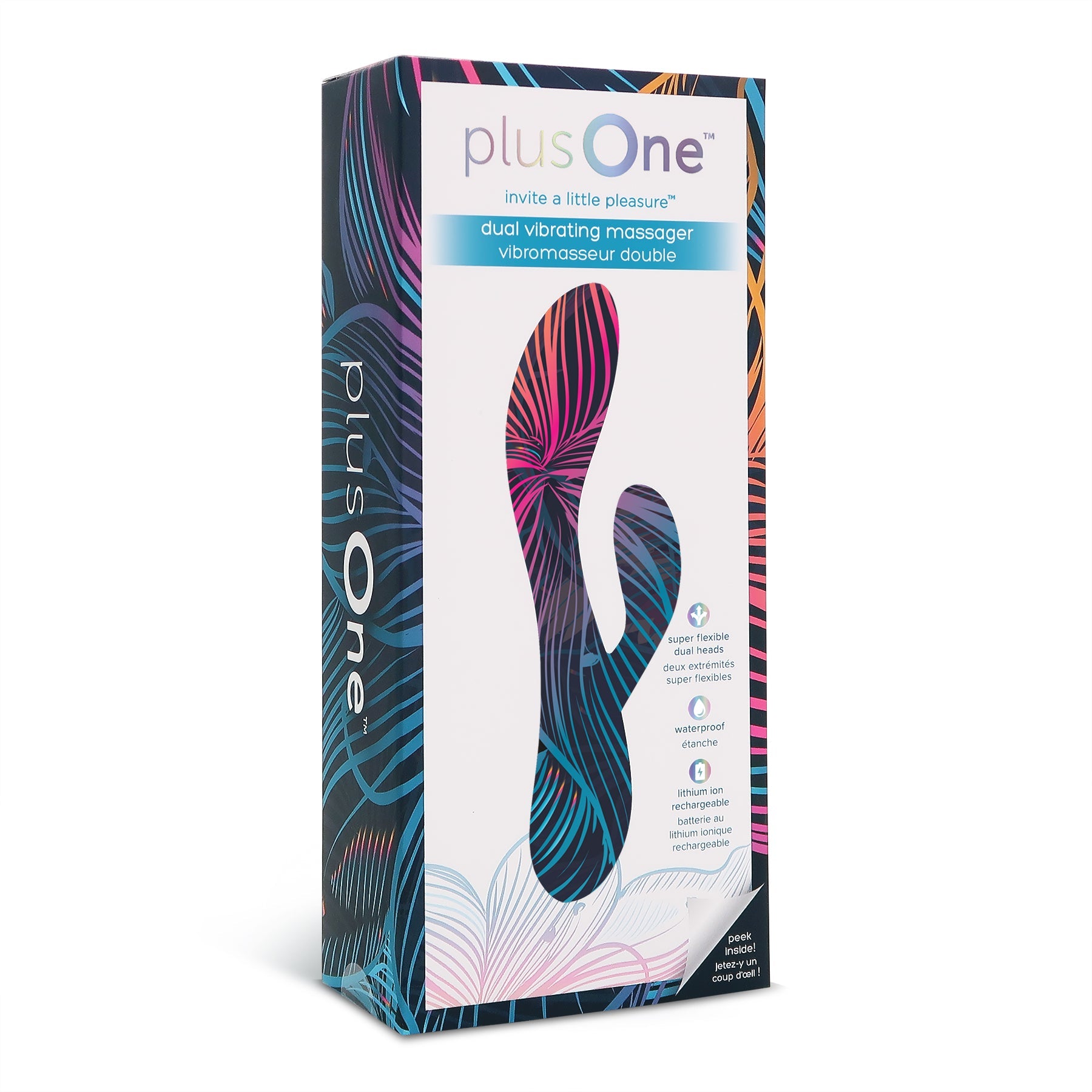 plusOne dual vibrating massager box with colorful abstract design.