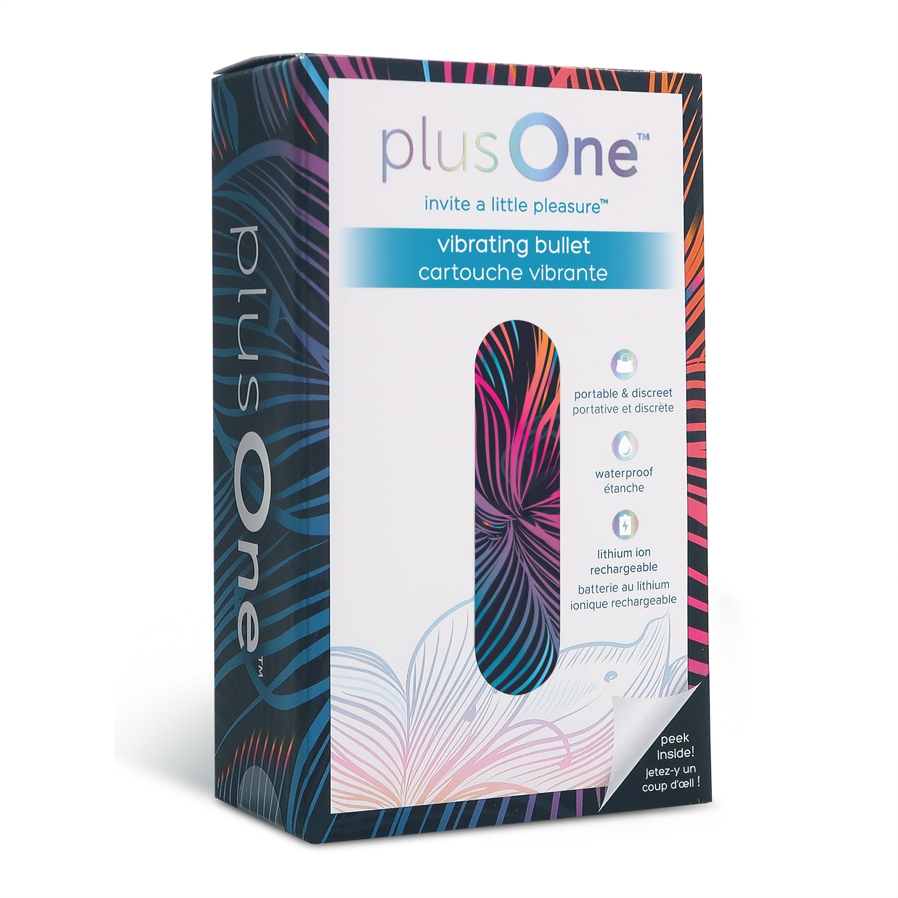 plusOne vibrating bullet toy packaging with product features listed.