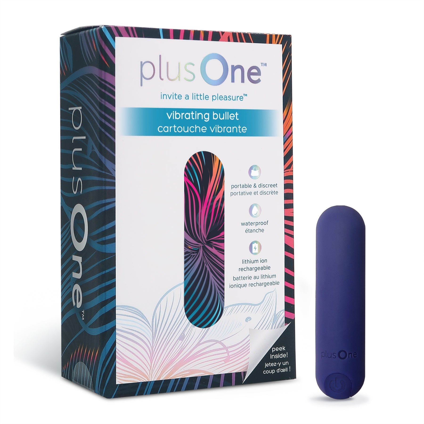 A purple plusOne vibrating bullet toy with packaging.