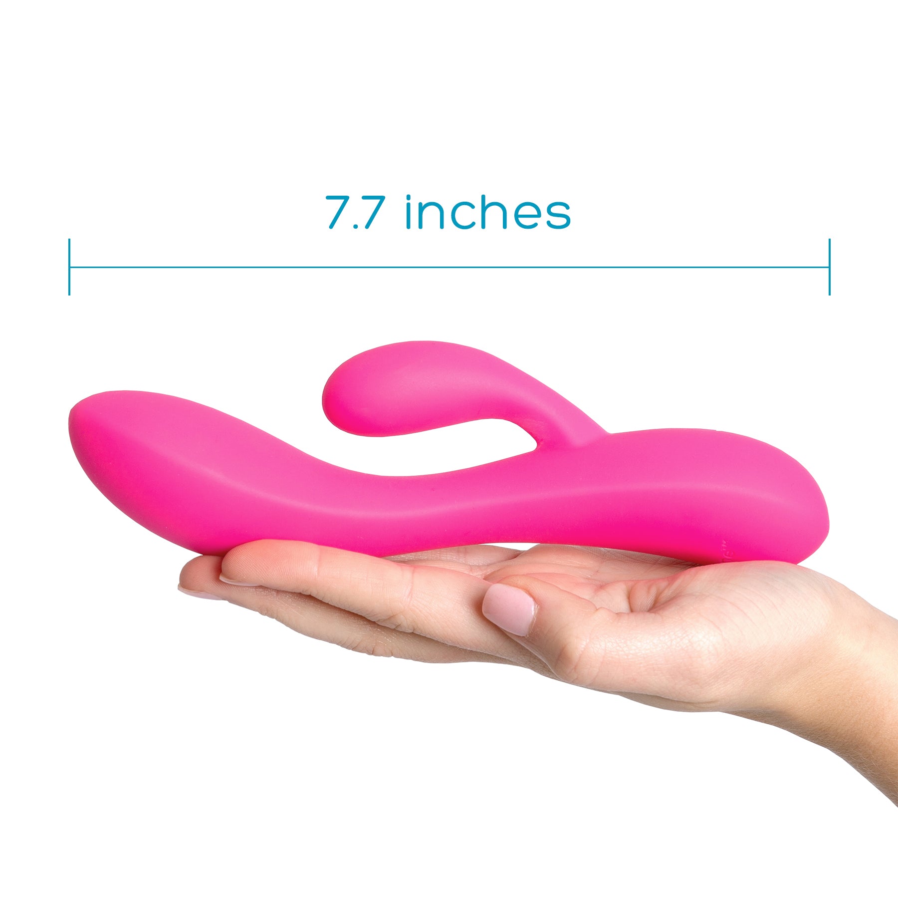 A pink dual motor rabbit vibrator is held in a hand, with a measurement of 7.7 inches shown.