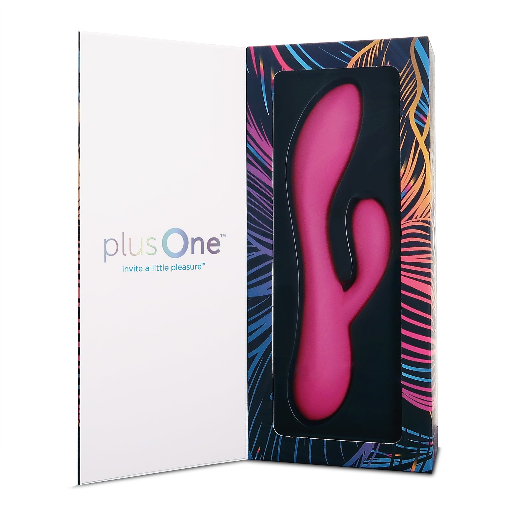 Pink dual motor rabbit massager in a colorful box.