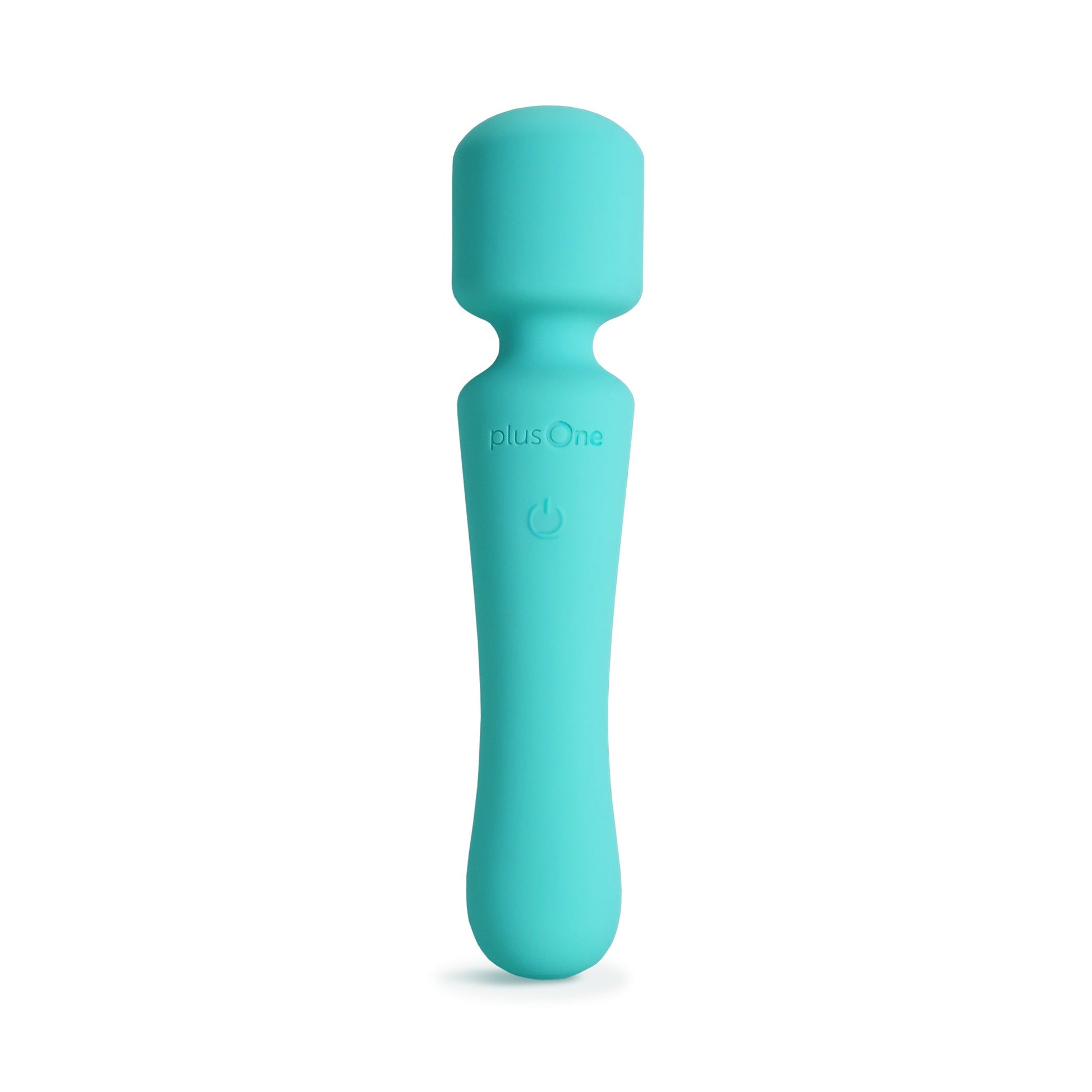 A teal plusOne vibrating wand massager with a power button.