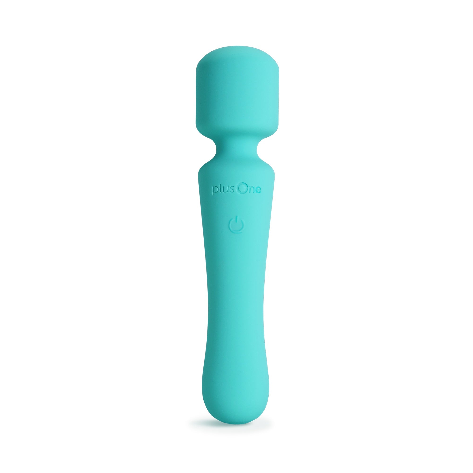 A teal plusOne vibrating wand massager with a power button.