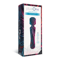 plusOne rechargeable waterproof vibrating wand massager with colorful design.