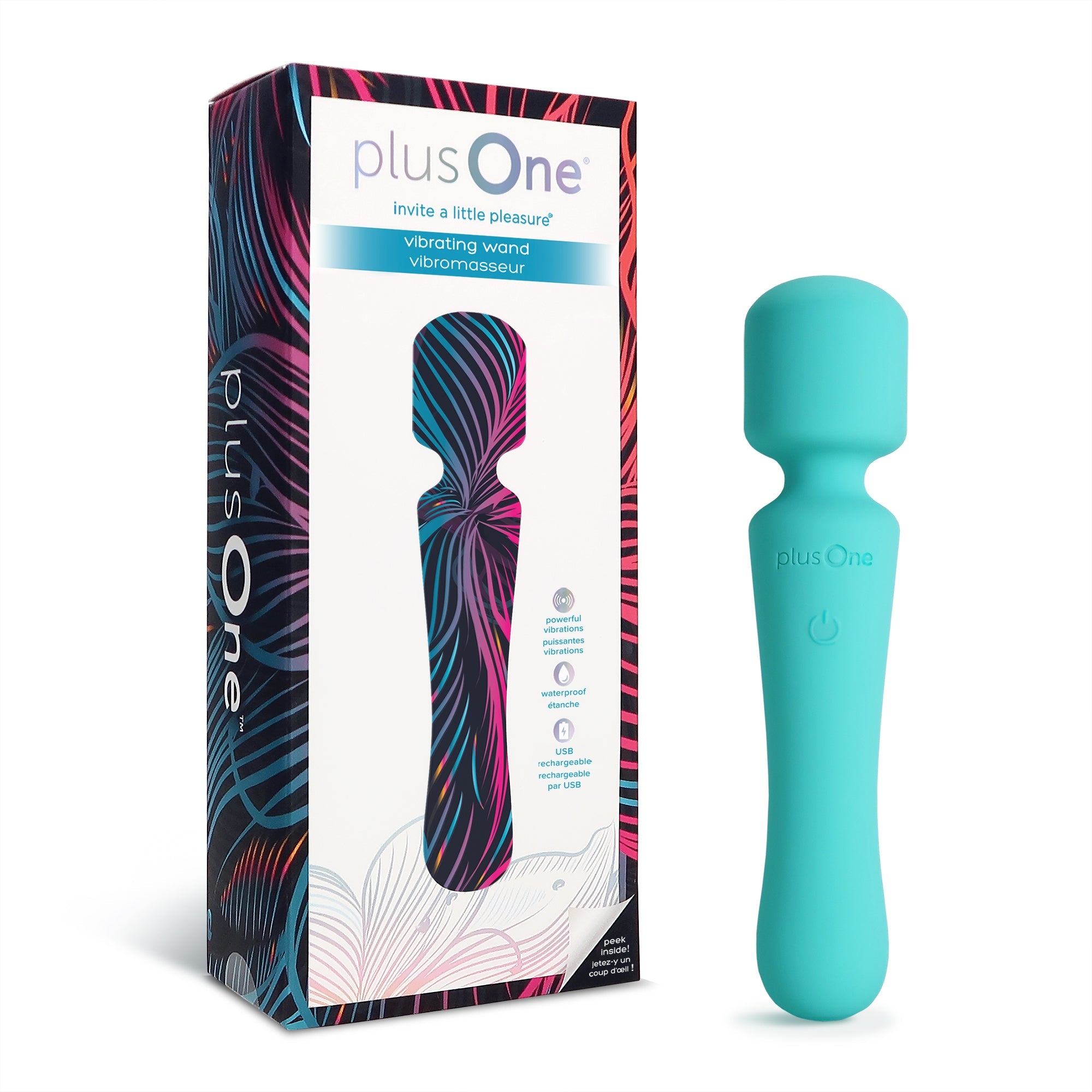 A teal rechargeable waterproof vibrating wand massager by plusOne.