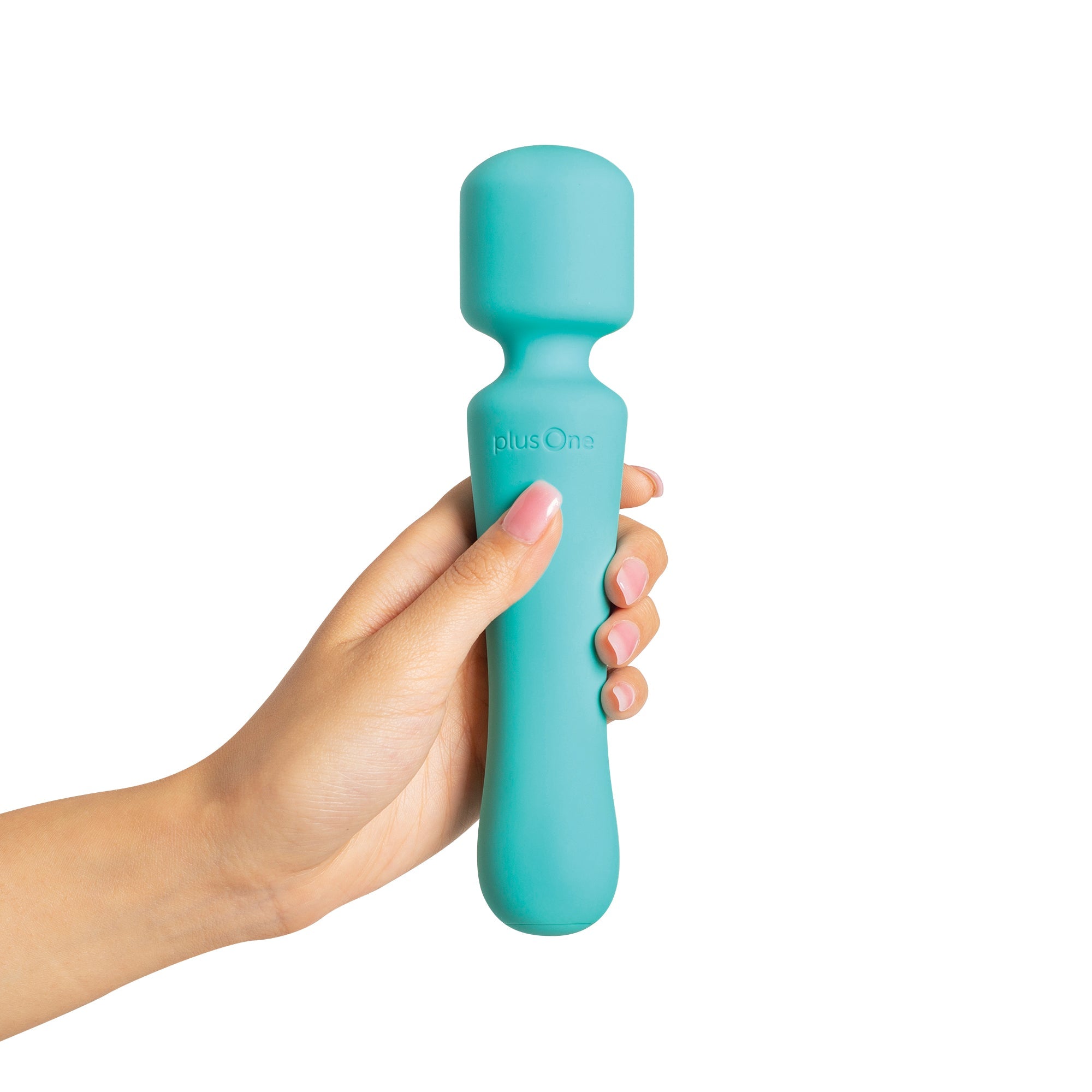 A hand holds a teal plusOne vibrating wand massager.