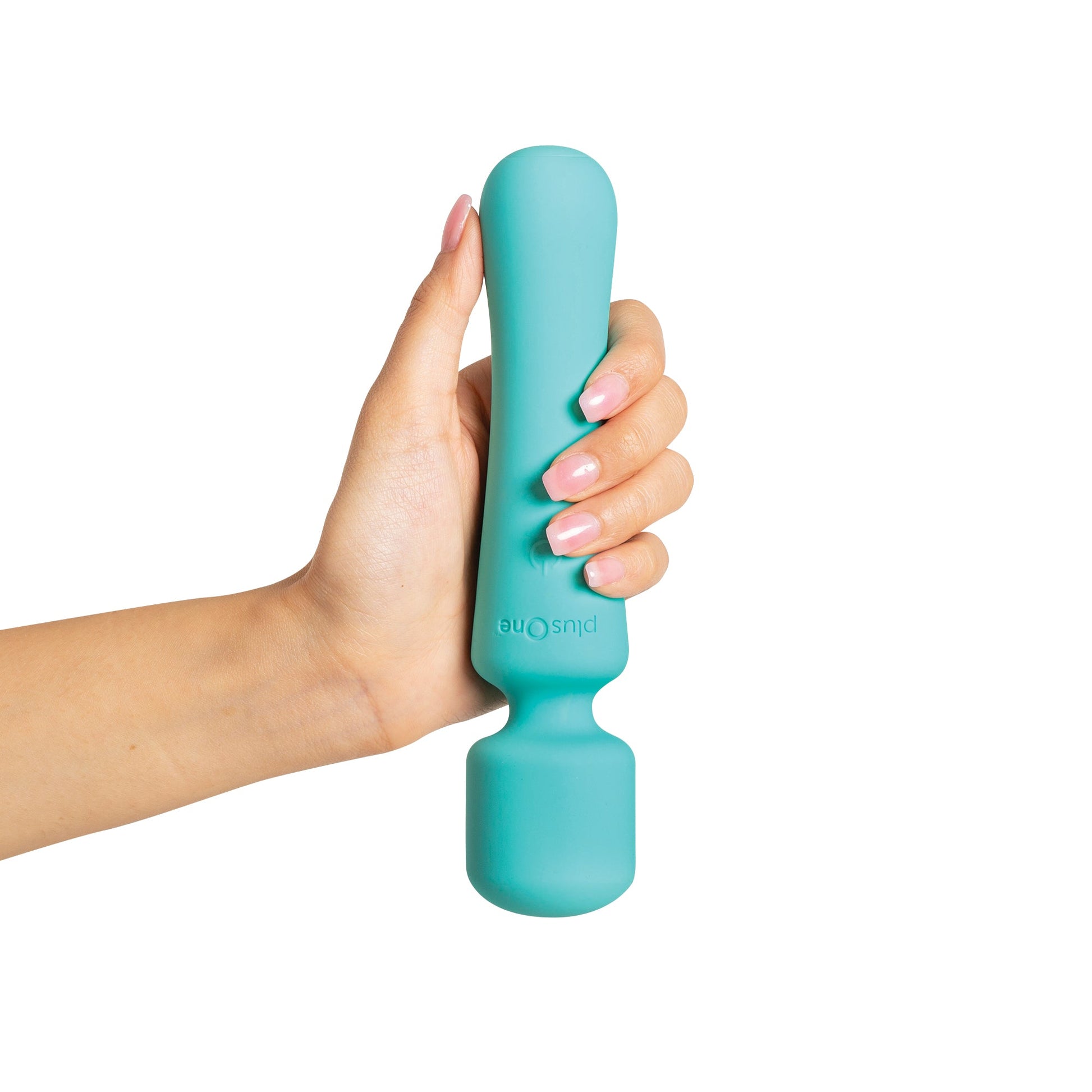 A hand holds a teal vibrating wand massager with the plusOne logo.