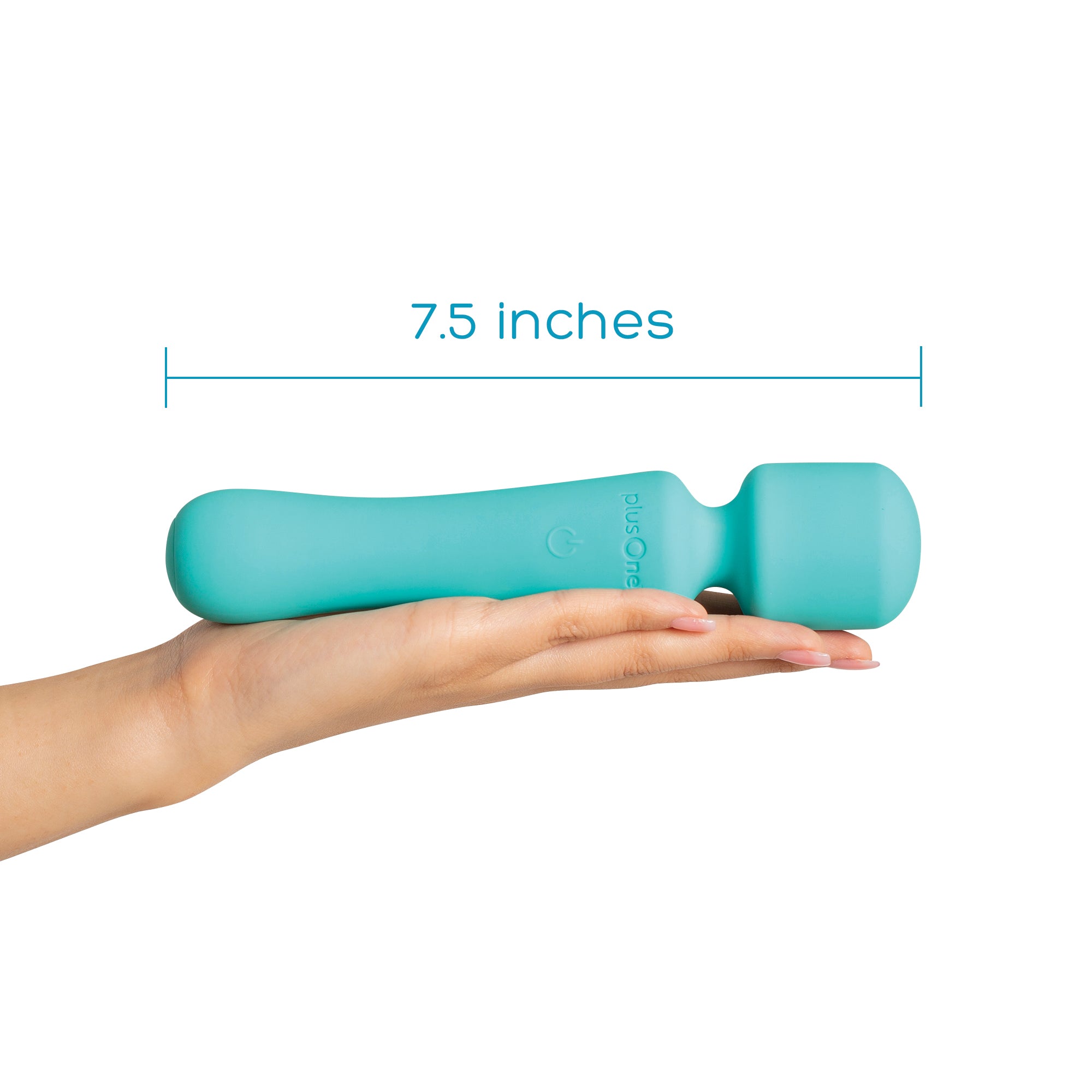 A teal plusOne vibrating wand massager is held in a hand, measuring 7.5 inches.