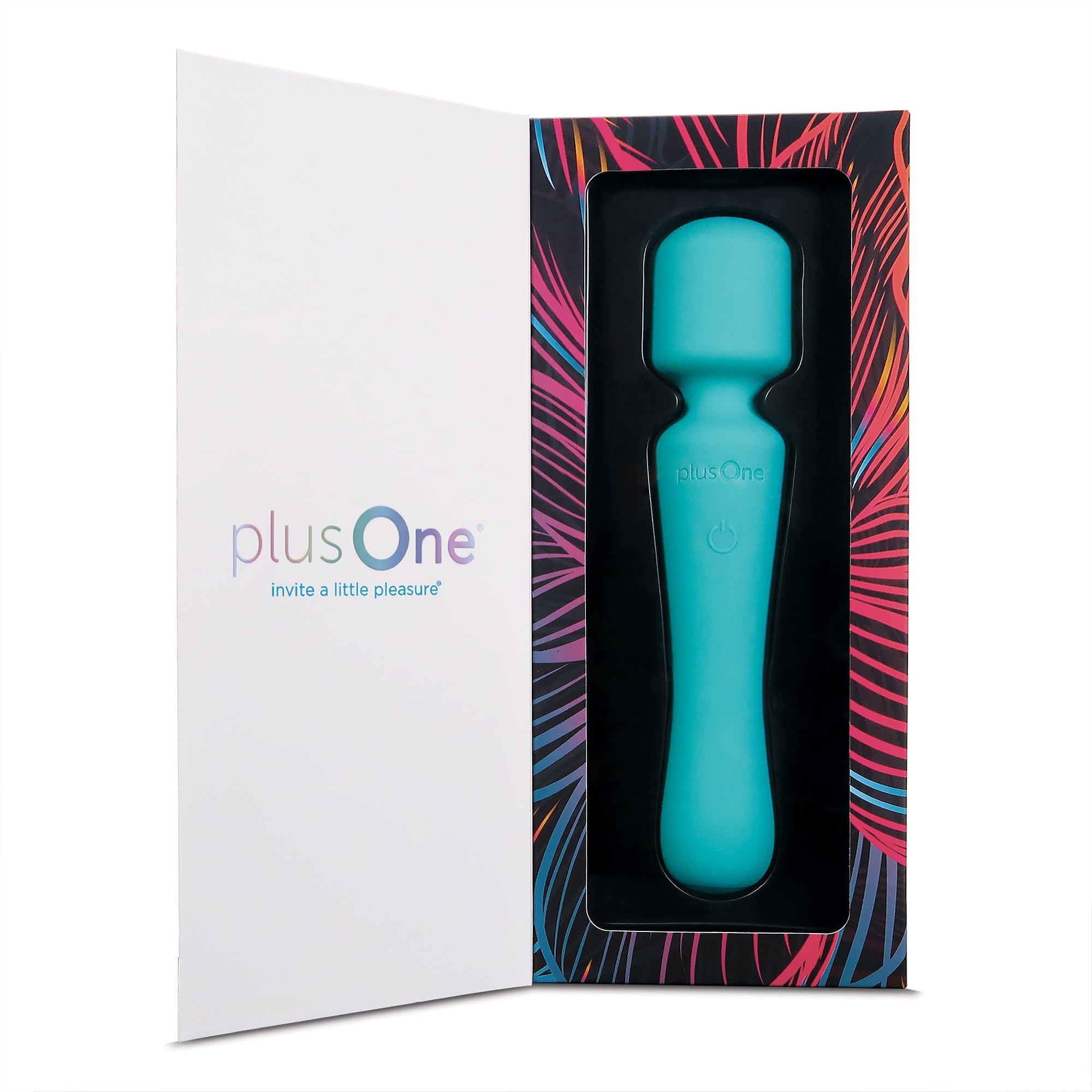 A teal vibrating wand massager in a colorful box.