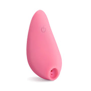 A pink, teardrop-shaped clitoral arouser with a power button and textured tip.