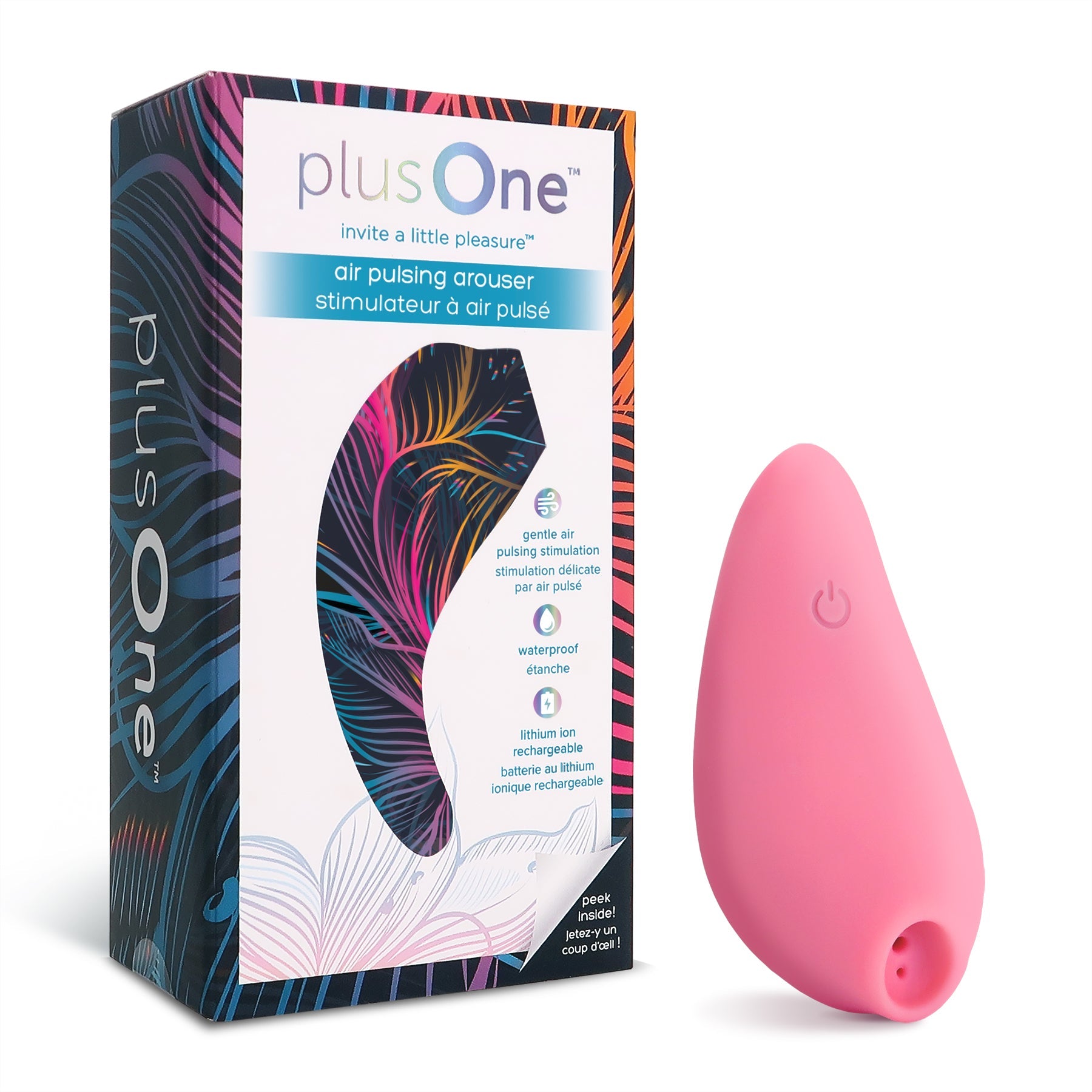 A pink plusOne air pulsing clitoral arouser with a power button icon.
