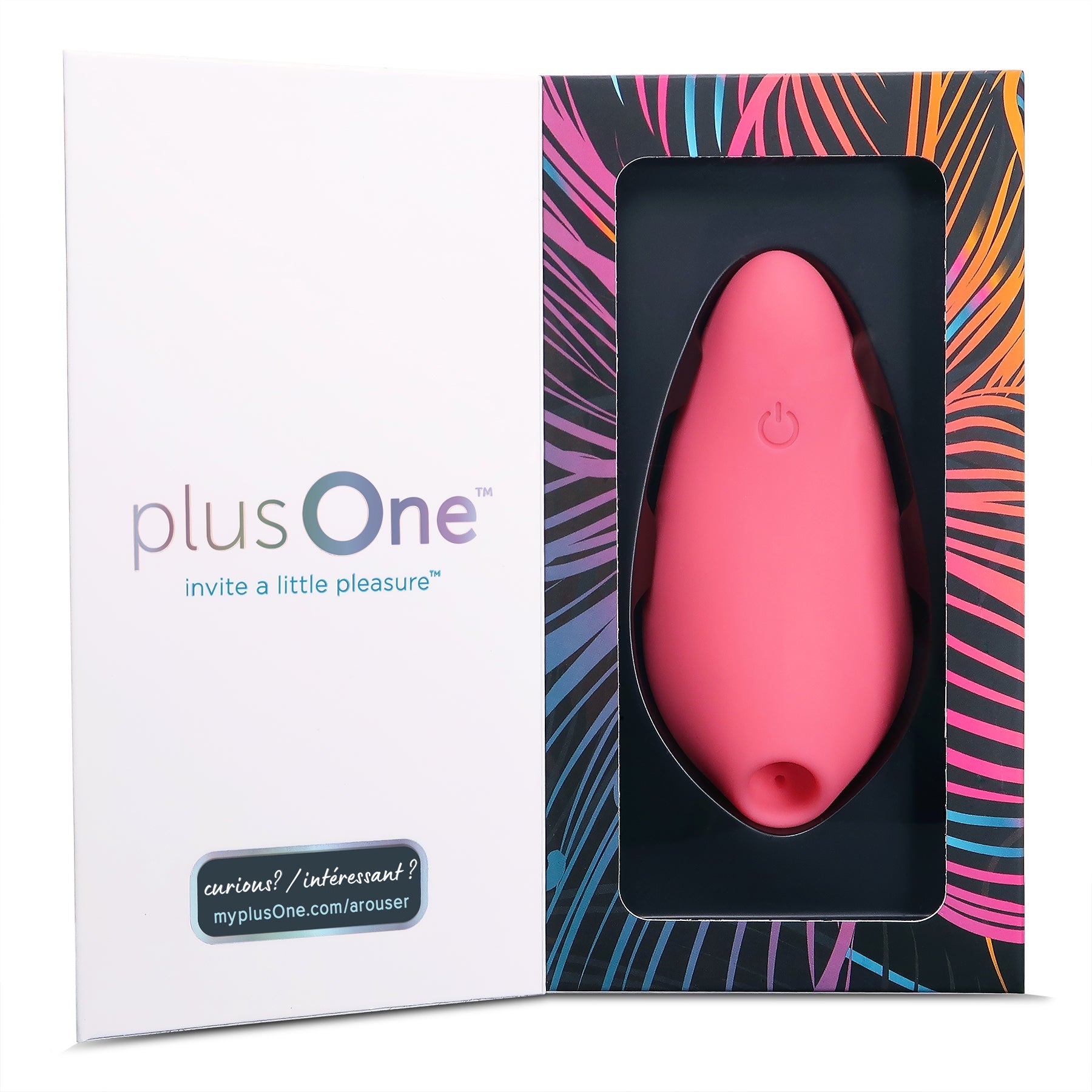 Pink clitoral air pulsing arouser in packaging with palm leaf design.