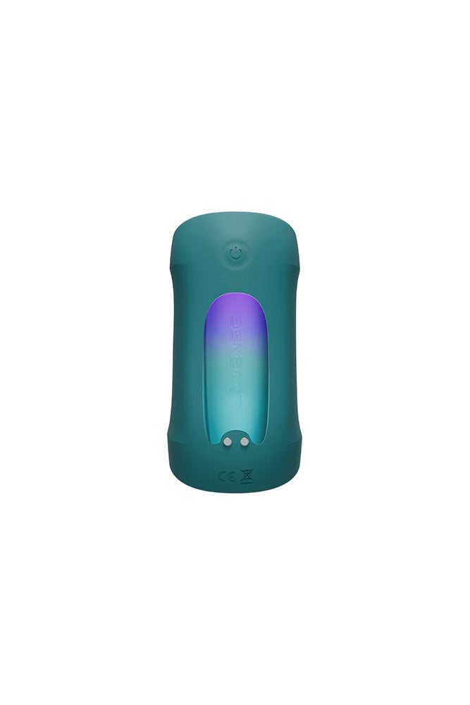 Teal Lovense Gush 2 app-controlled glans massager with purple and blue light.