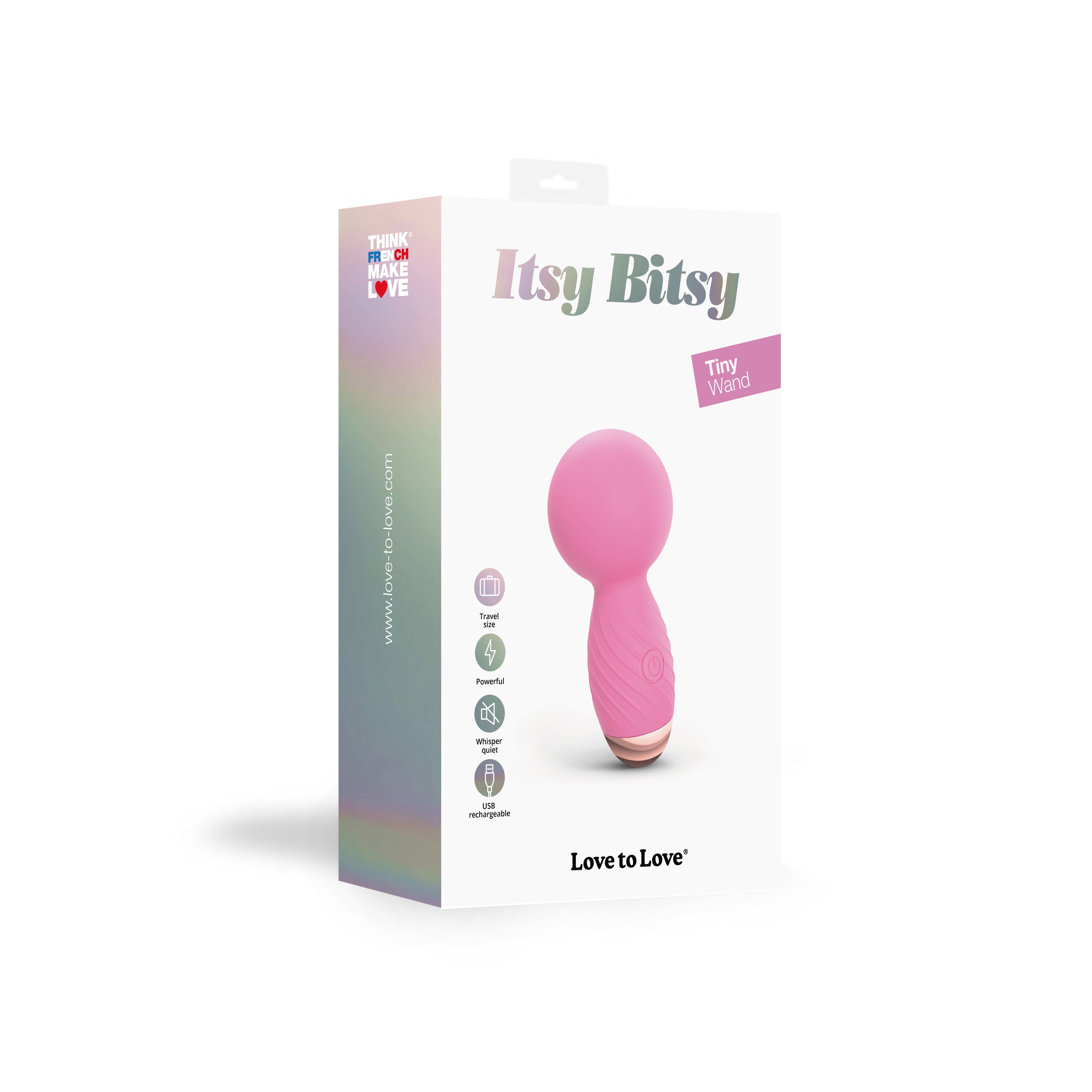 Pink Itsy Bitsy mini silicone massager with travel size, powerful, whisper quiet, and USB rechargeable features.