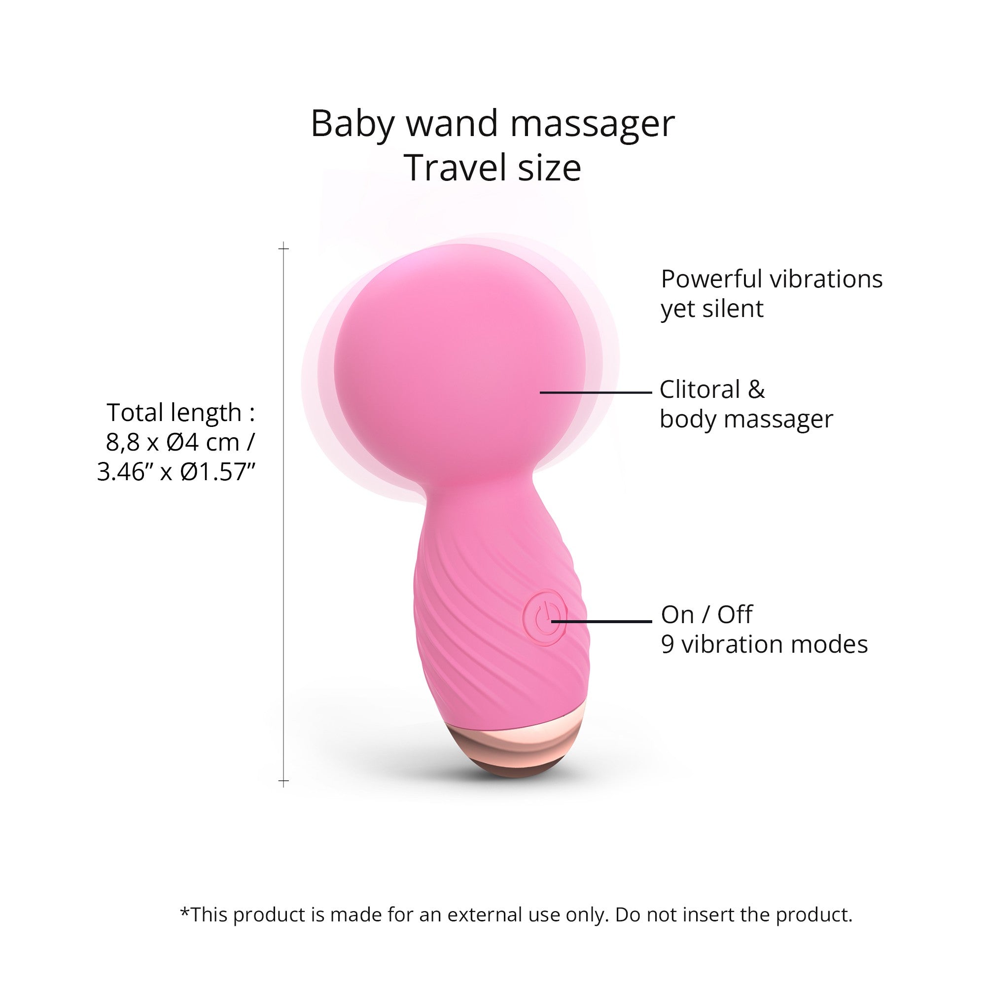 Pink mini wand massager with 9 vibration modes and dimensions.