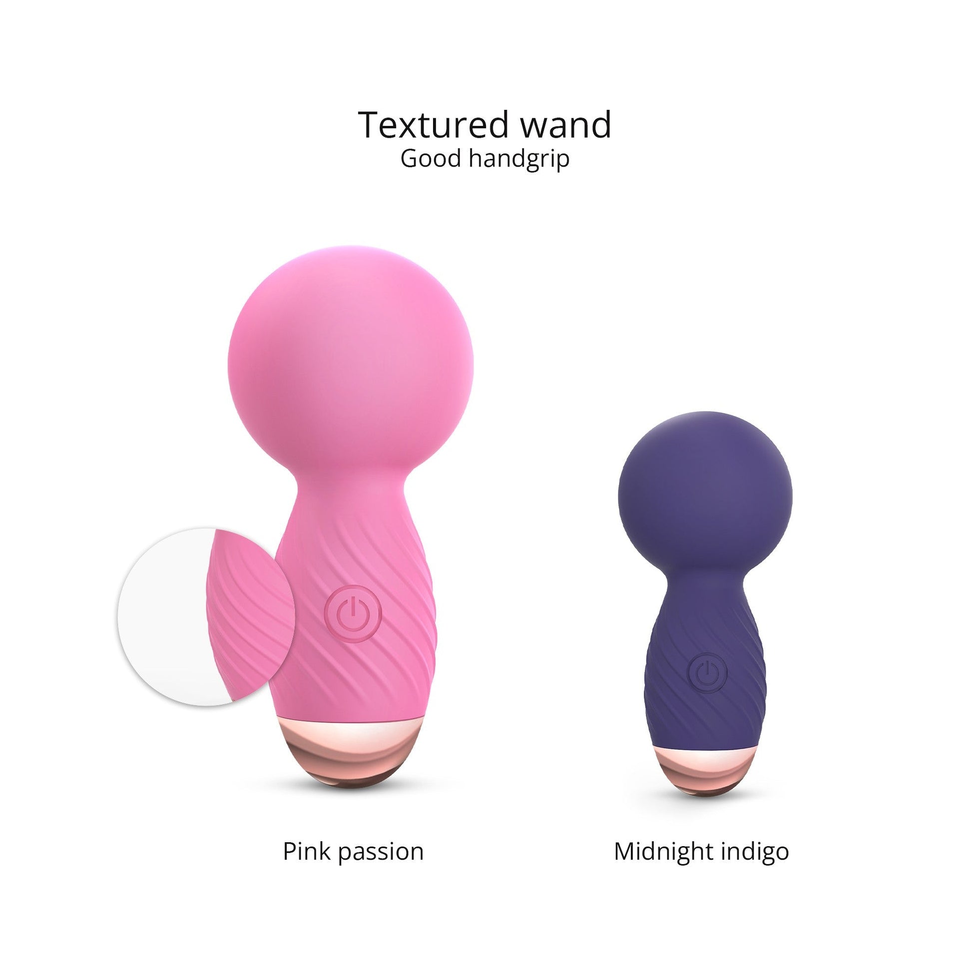 Two textured silicone mini massagers, one pink and one indigo, with power buttons.