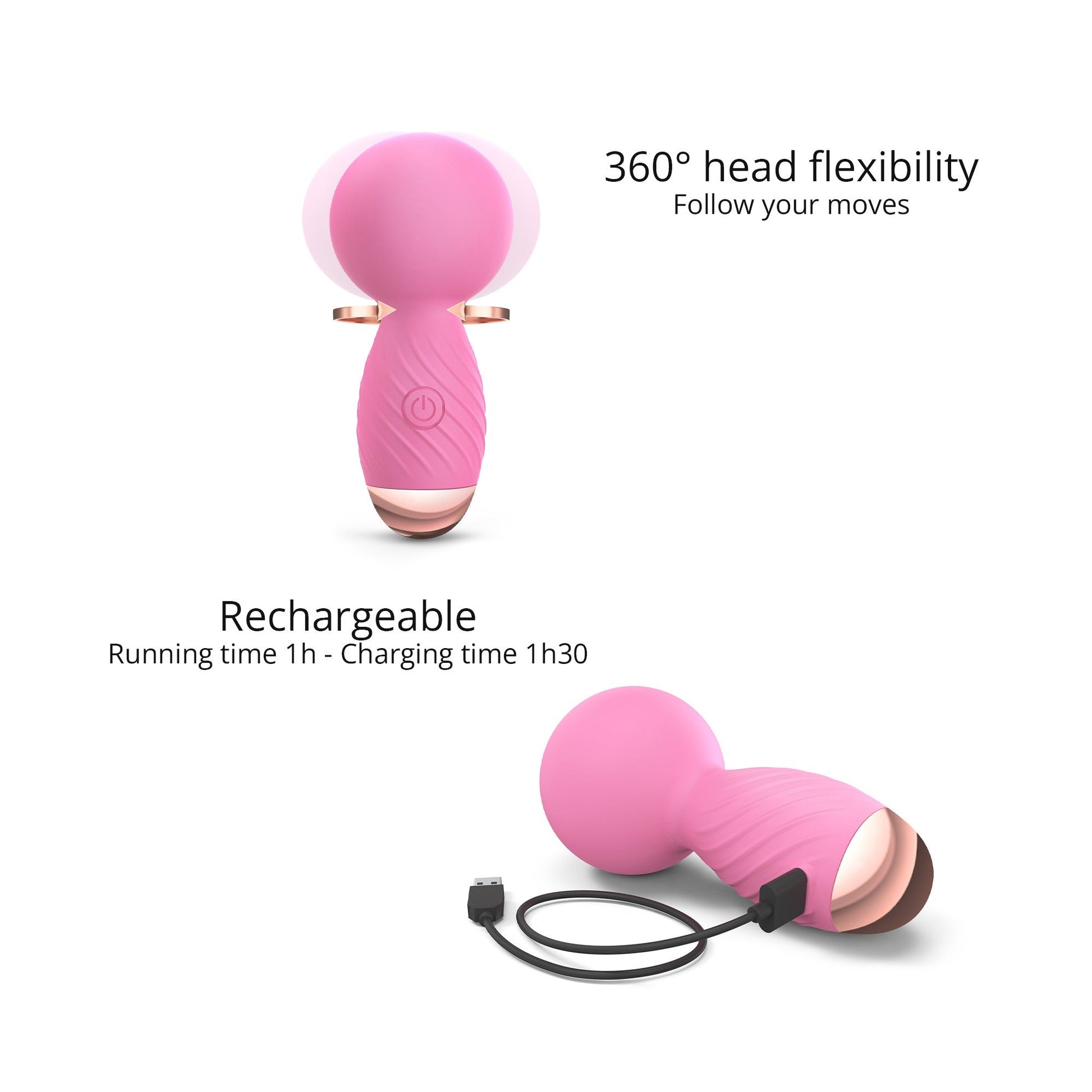 Pink silicone massager with flexible head and USB charging cable.