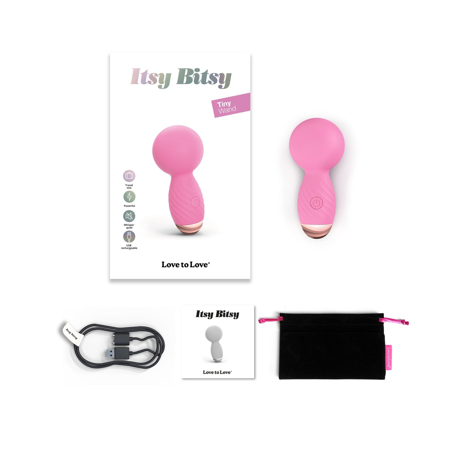 Pink Itsy Bitsy mini massager with USB cable, manual, and storage pouch.