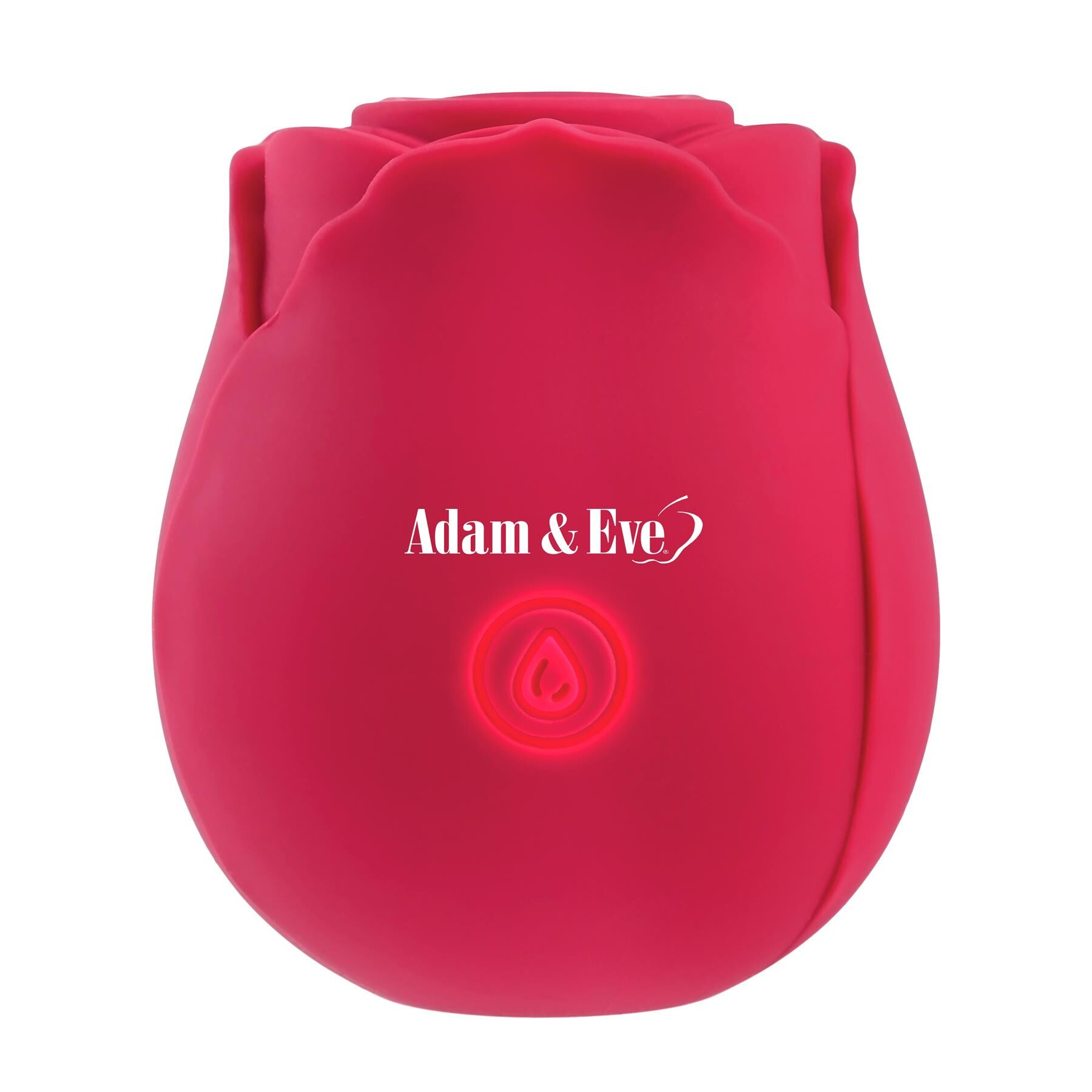 A pink rose-shaped clitoral stimulator with the Adam & Eve logo.