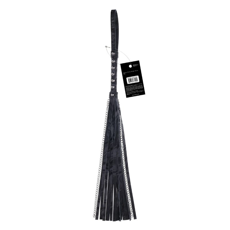 Black faux leather flogger with chain accents and a tag.