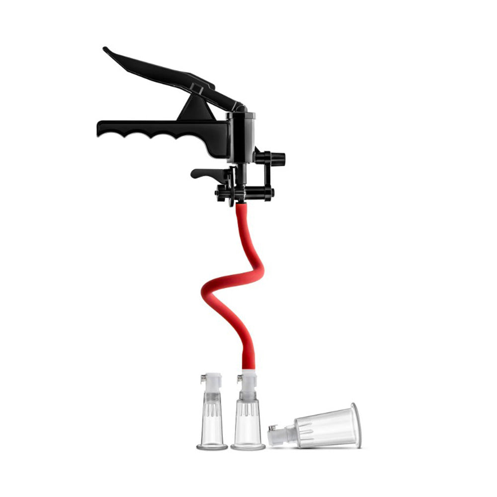 Pump system with red hose, black handle, and three clear cylinders.