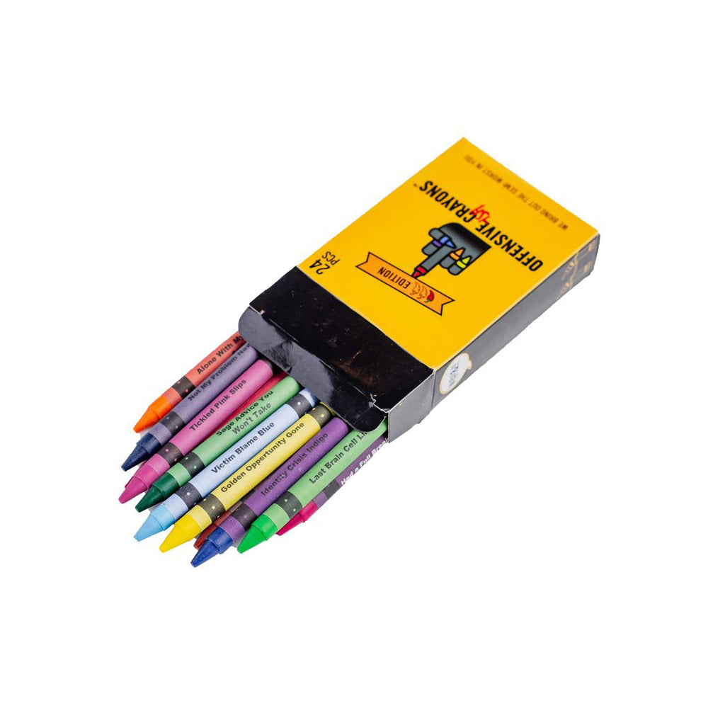 A box of 24 "Offensive-ish" adult coloring crayons with humorous names.