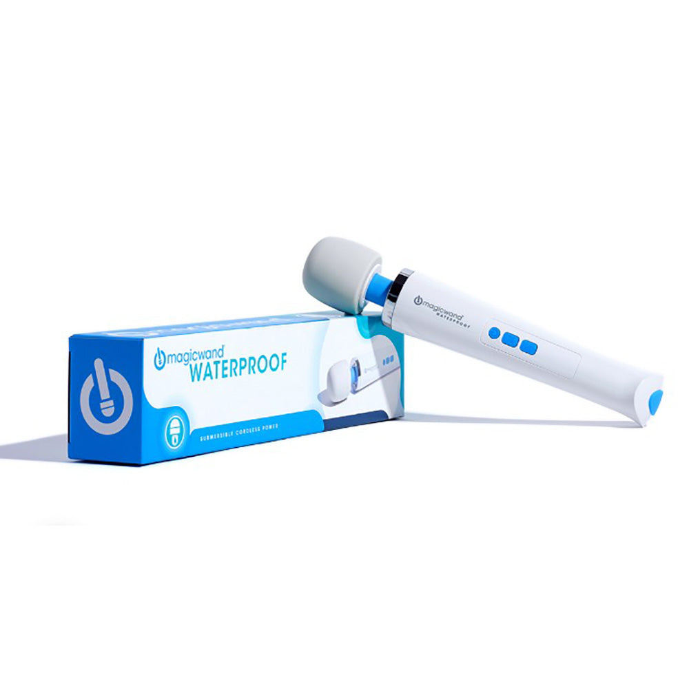 A white and blue waterproof rechargeable wand massager with its box.