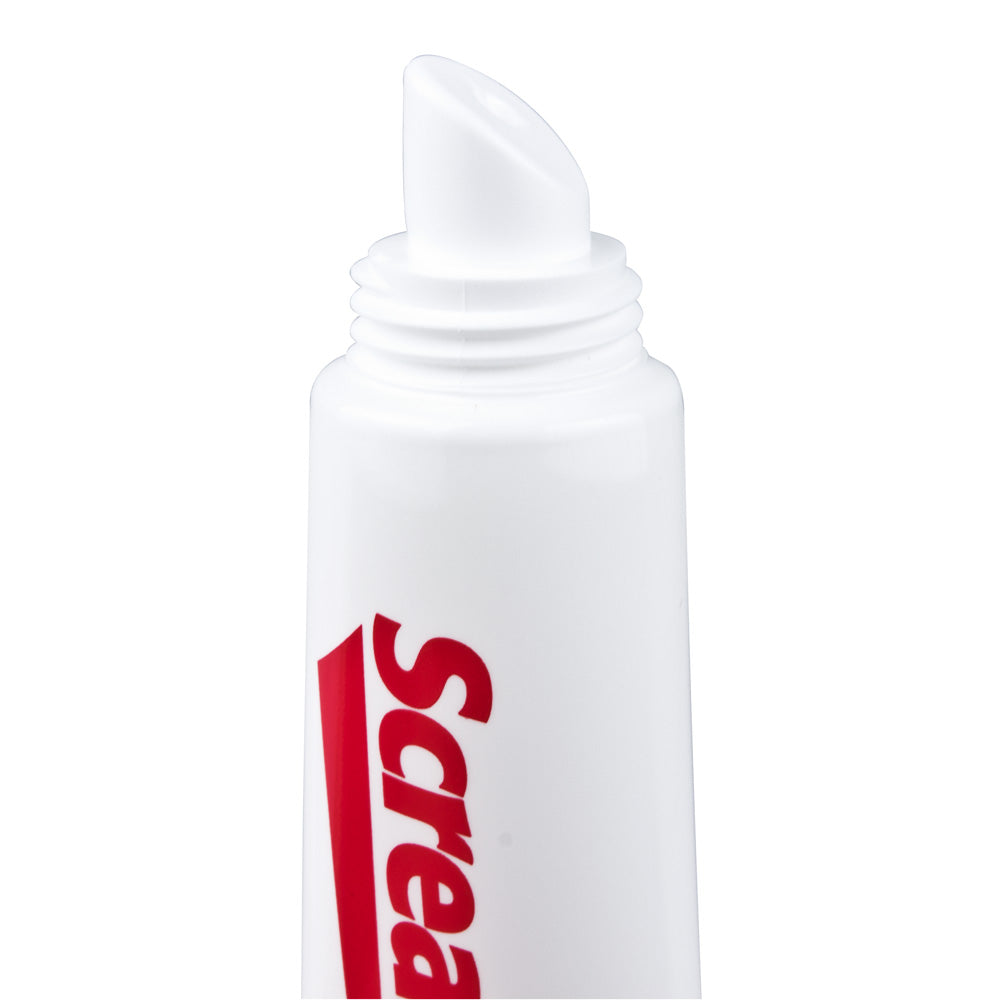 White tube with red text and a white applicator tip.